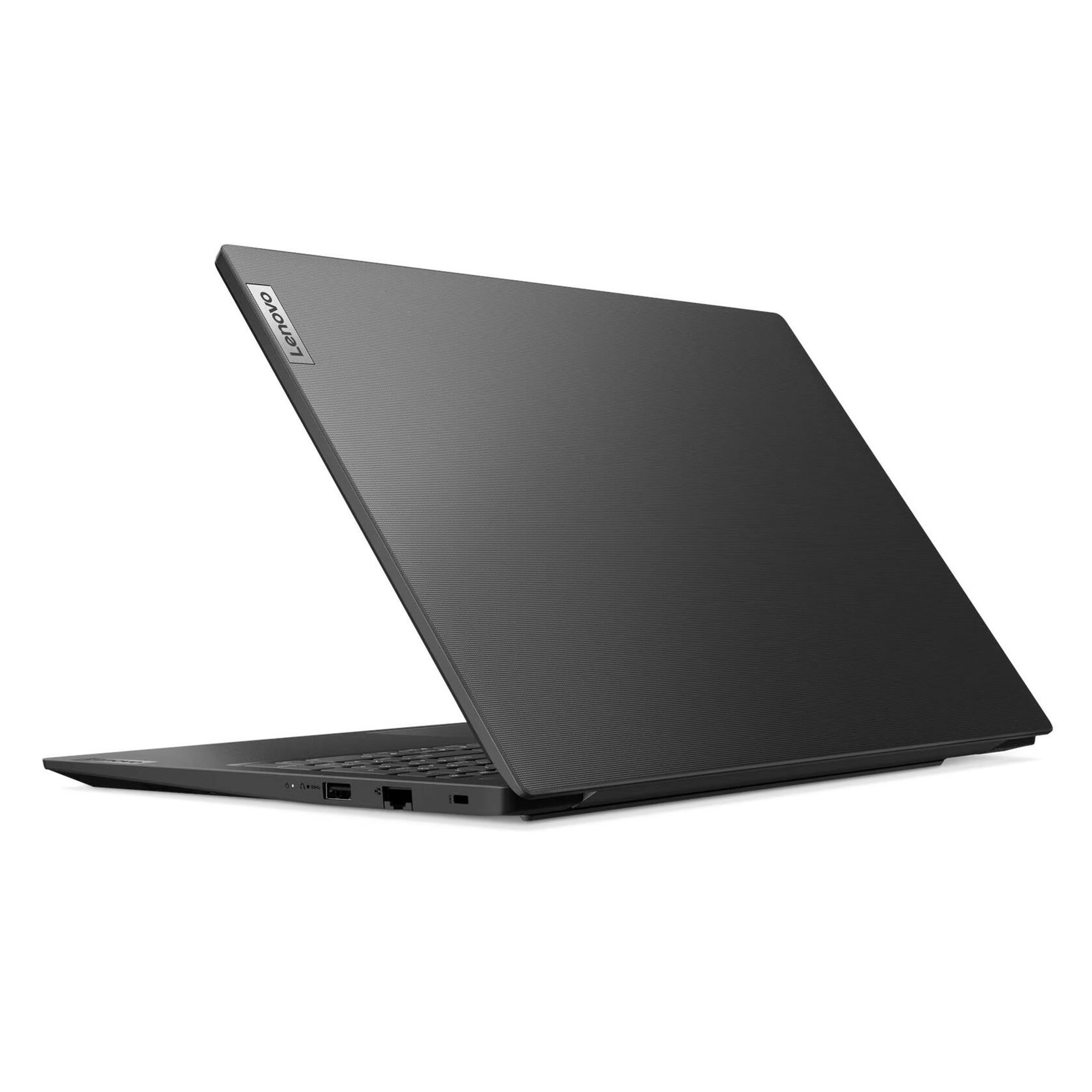 Ein grauer Lenovo-Laptop steht auf einer weißen Oberfläche, die Ansicht zeigt die geschlossene Rückseite und Seite.