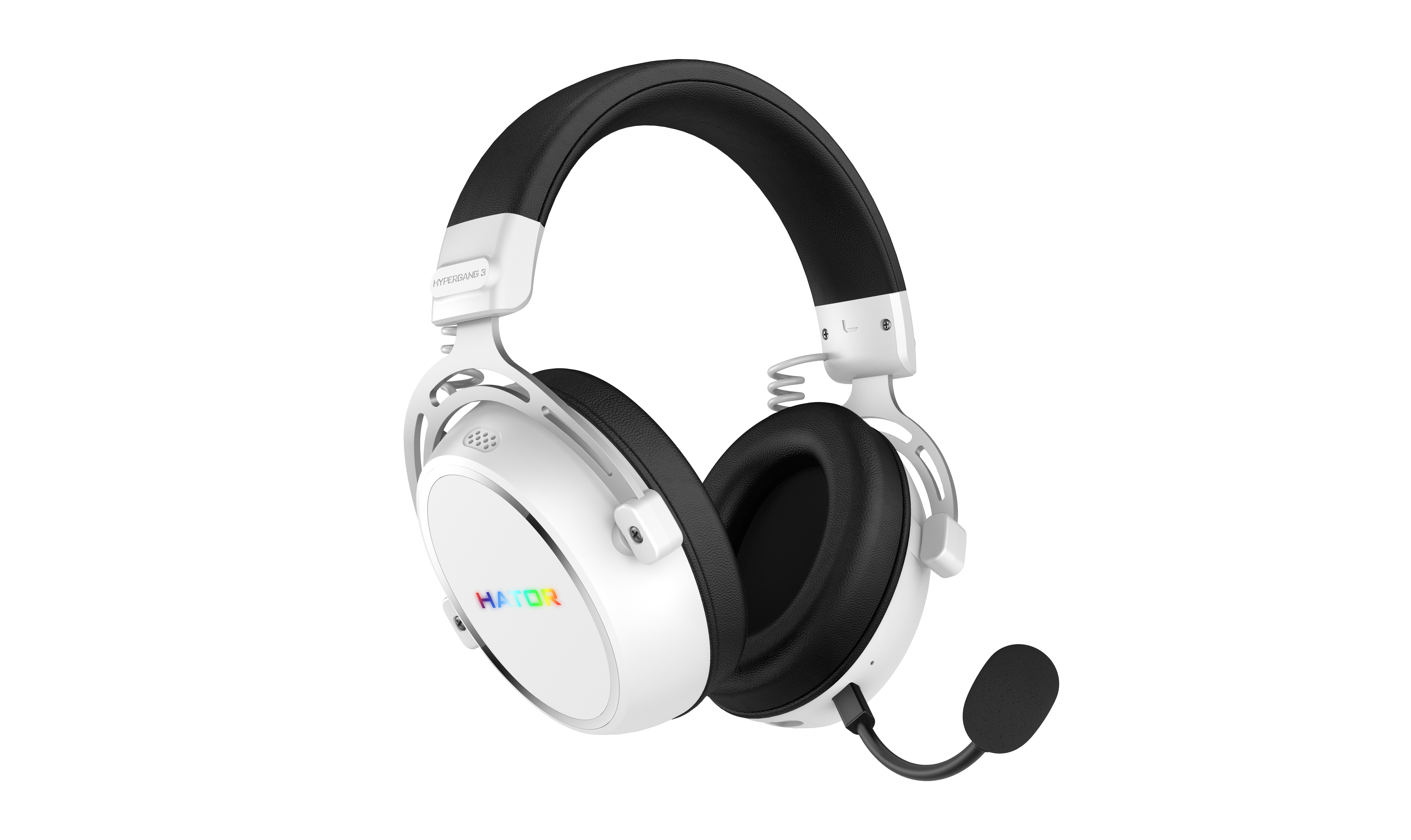 Cuffie da gioco nere e bianche con microfono su sfondo bianco.