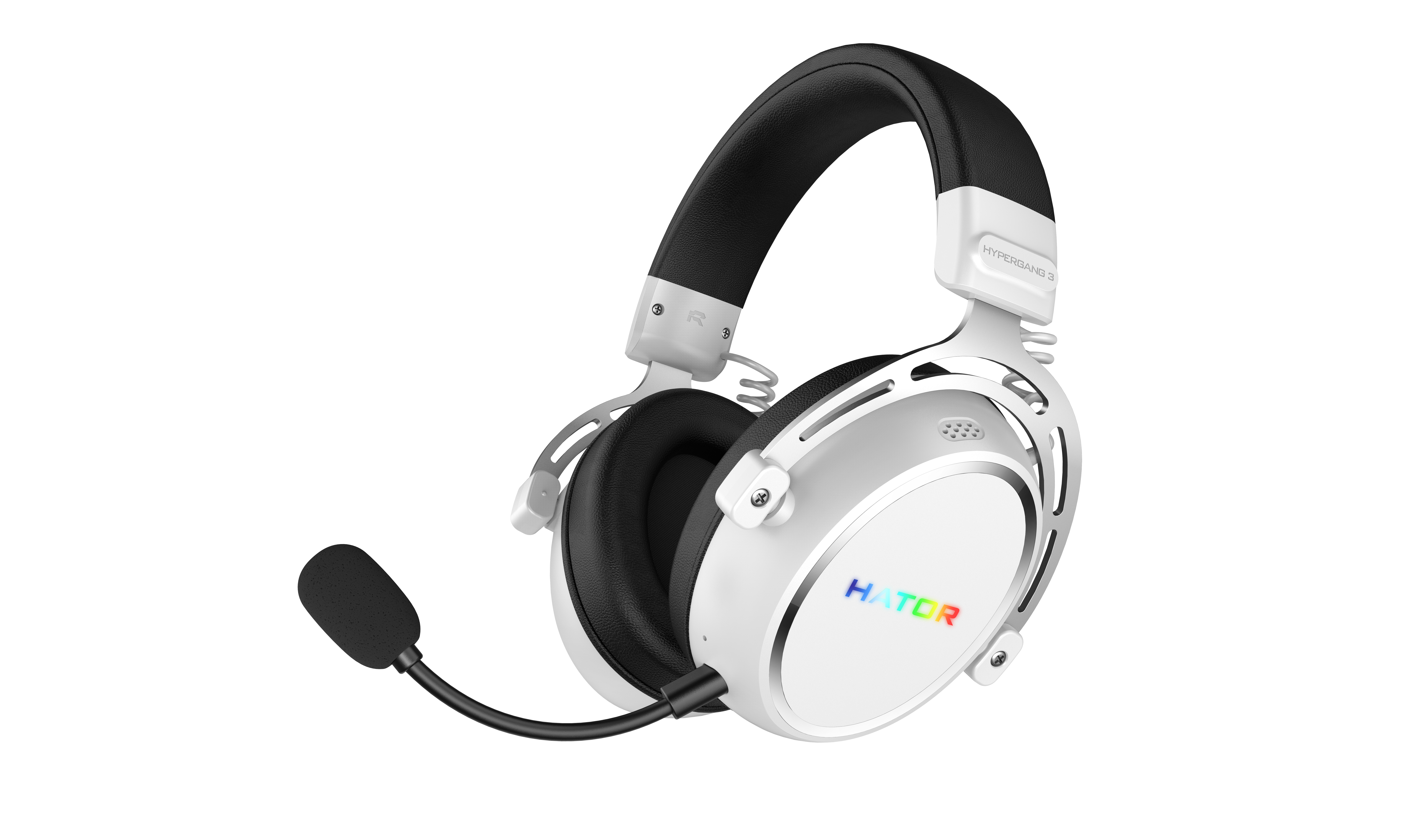 Cuffie da gaming bianche e nere con microfono e logo Hator colorato su sfondo bianco.
