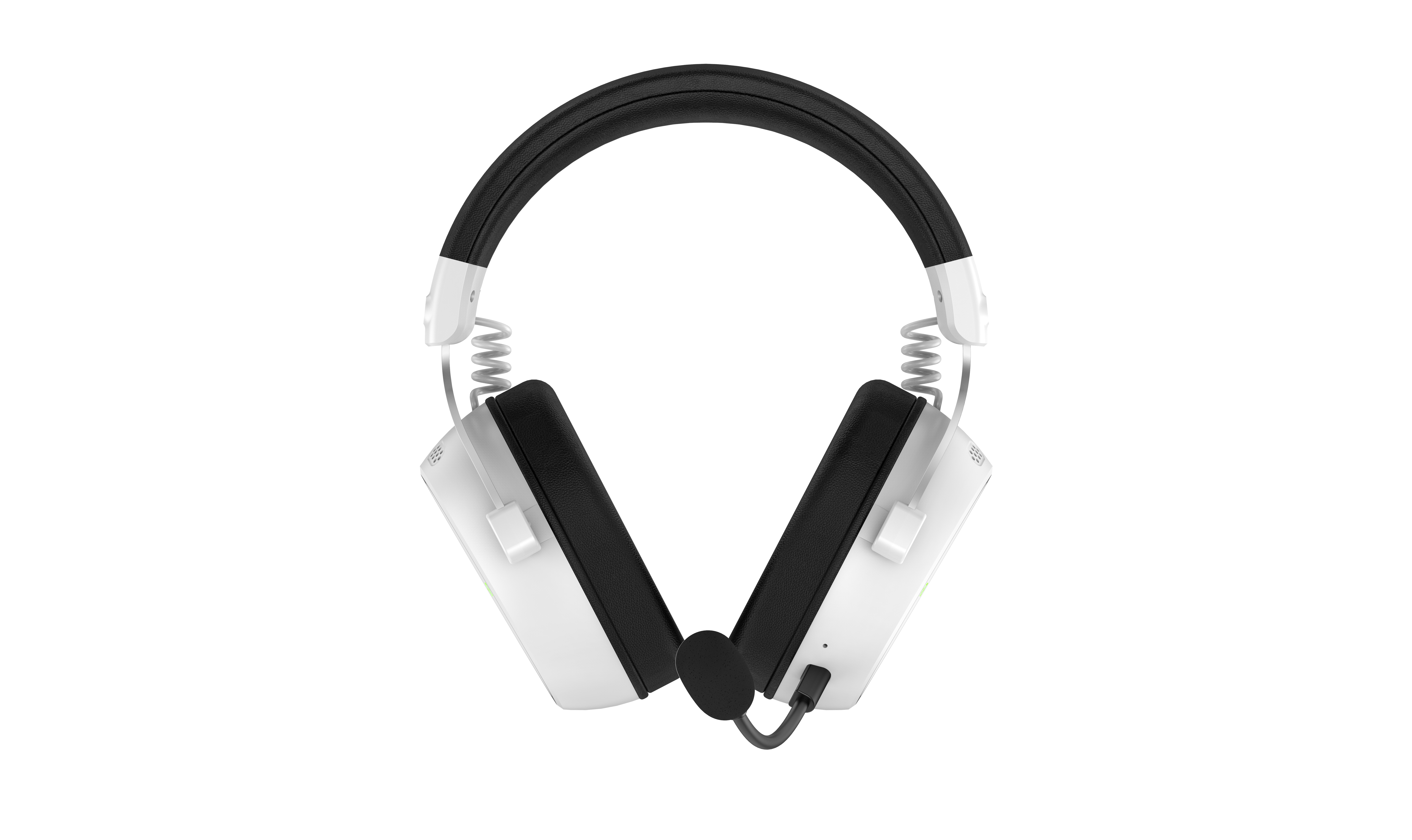 Cuffie over-ear bianche e nere con microfono su sfondo bianco.