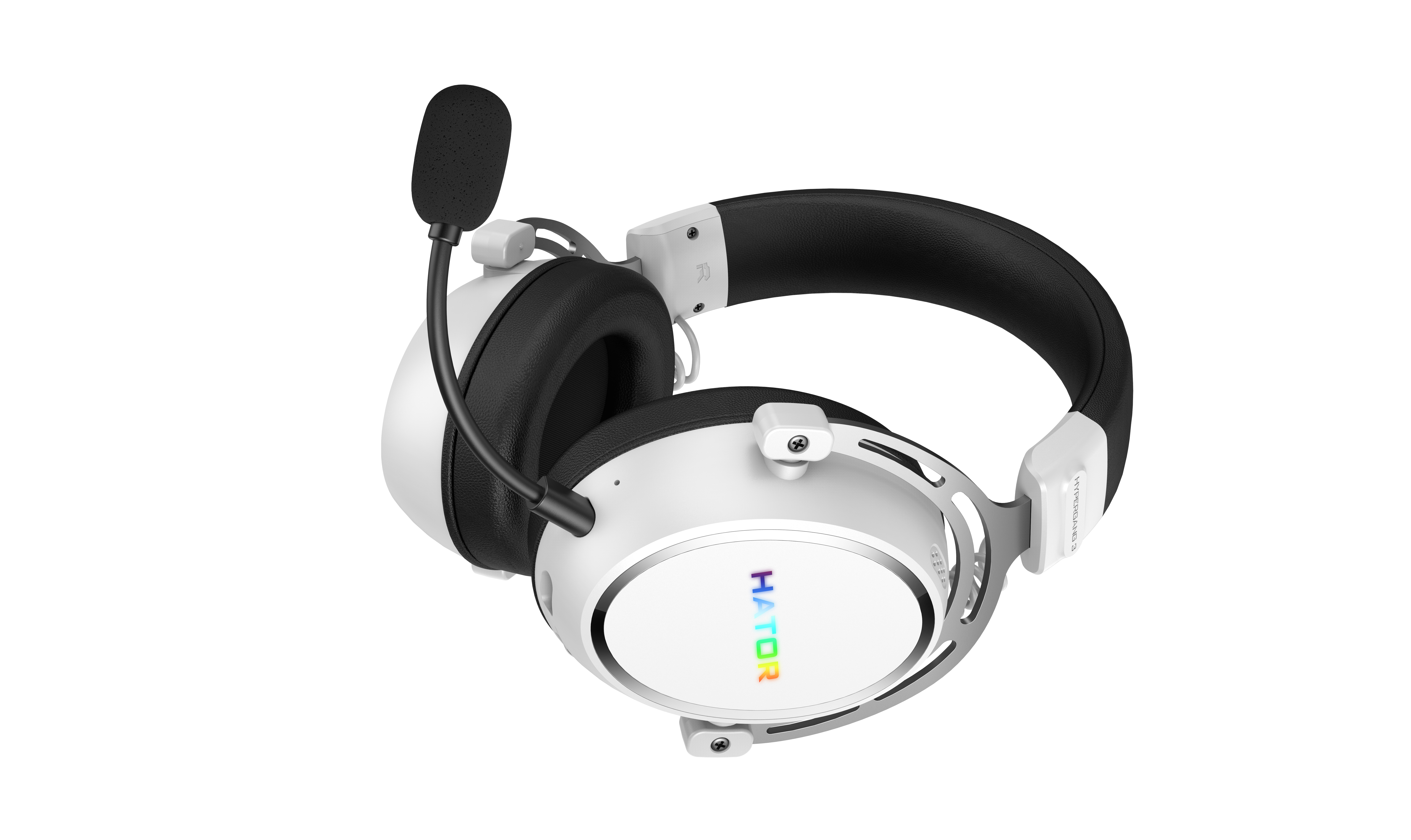 Cuffie da gaming bianche e nere con microfono e logo colorato, su sfondo bianco.