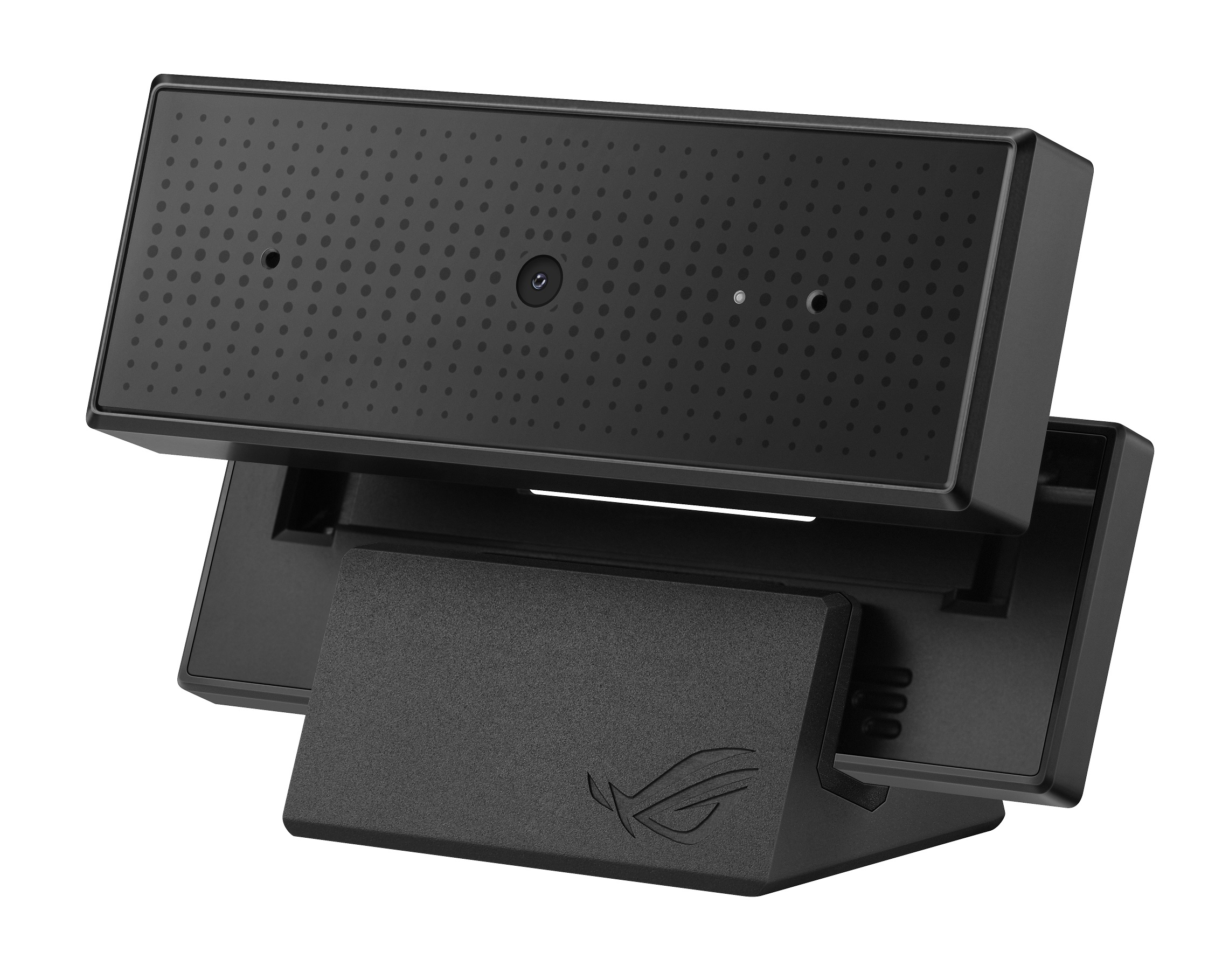 Eine schwarze rechteckige Webcam mit gemusterter Front ist auf einem verstellbaren Ständer vor weißem Hintergrund montiert.