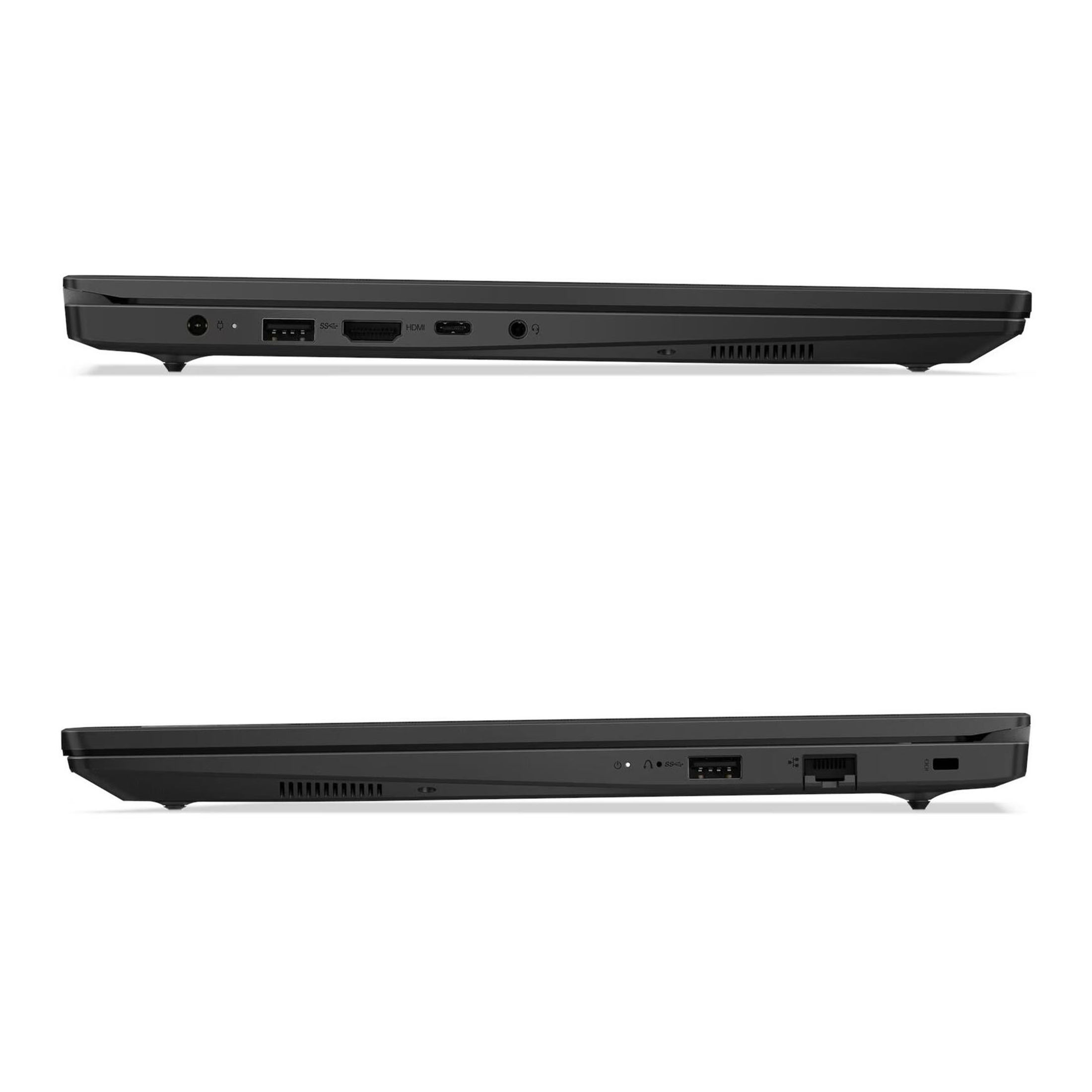 Zwei Seitenansichten eines schwarzen Laptops mit verschiedenen Anschlüssen wie USB, HDMI und Audio.