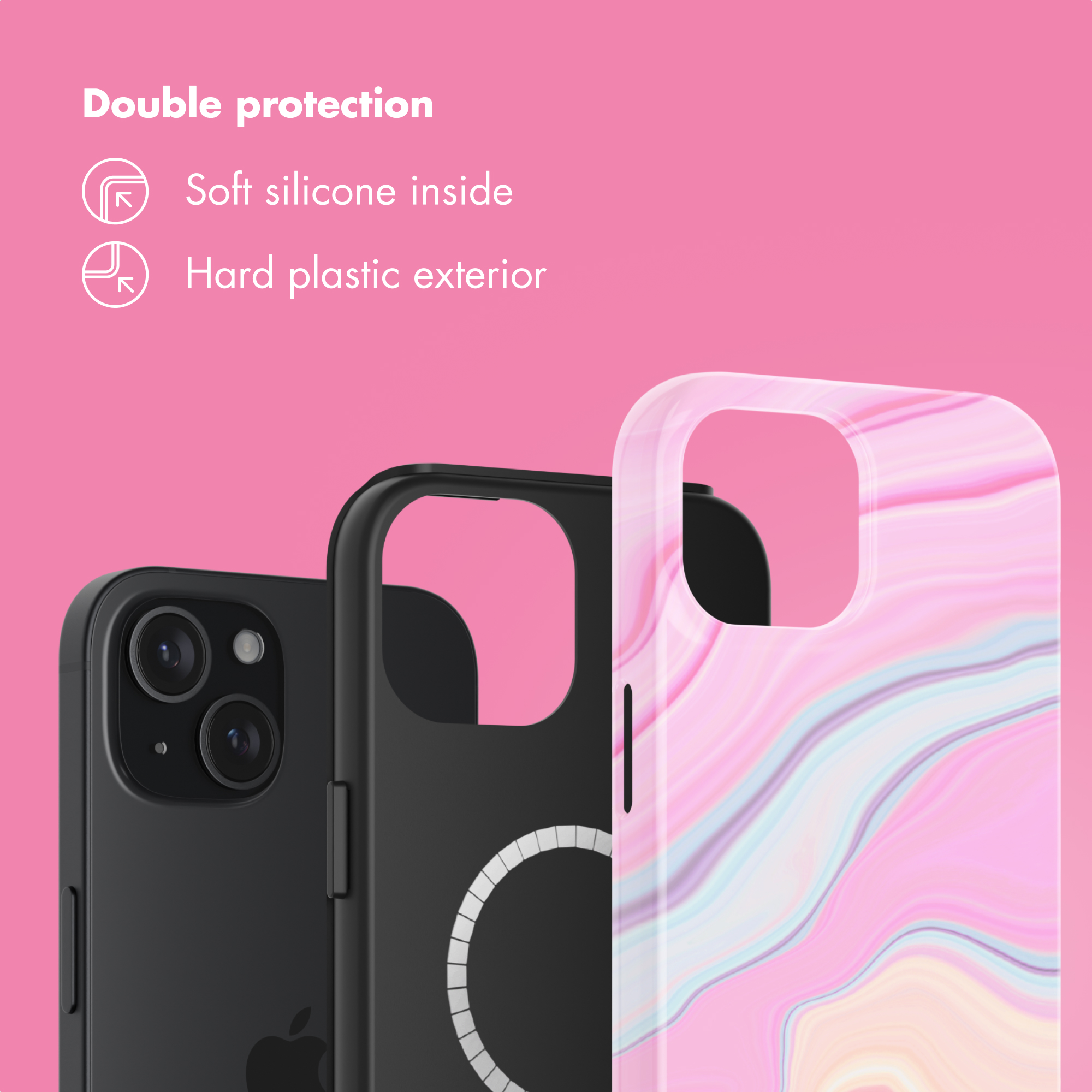 Roze achtergrond met telefoonhoesjes met dubbele bescherming: zachte siliconen binnenkant en harde plastic buitenkant.
