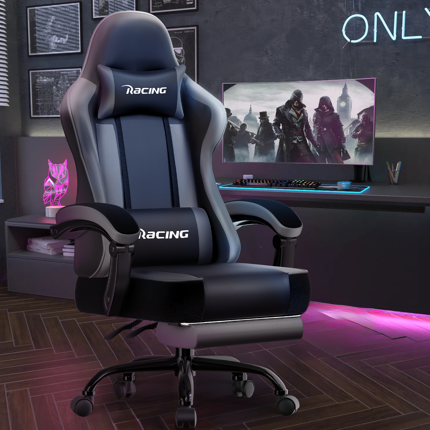 Ein schwarzer und grauer ergonomischer Gaming-Stuhl mit 'Racing'-Text, in einem modern beleuchteten Raum.
