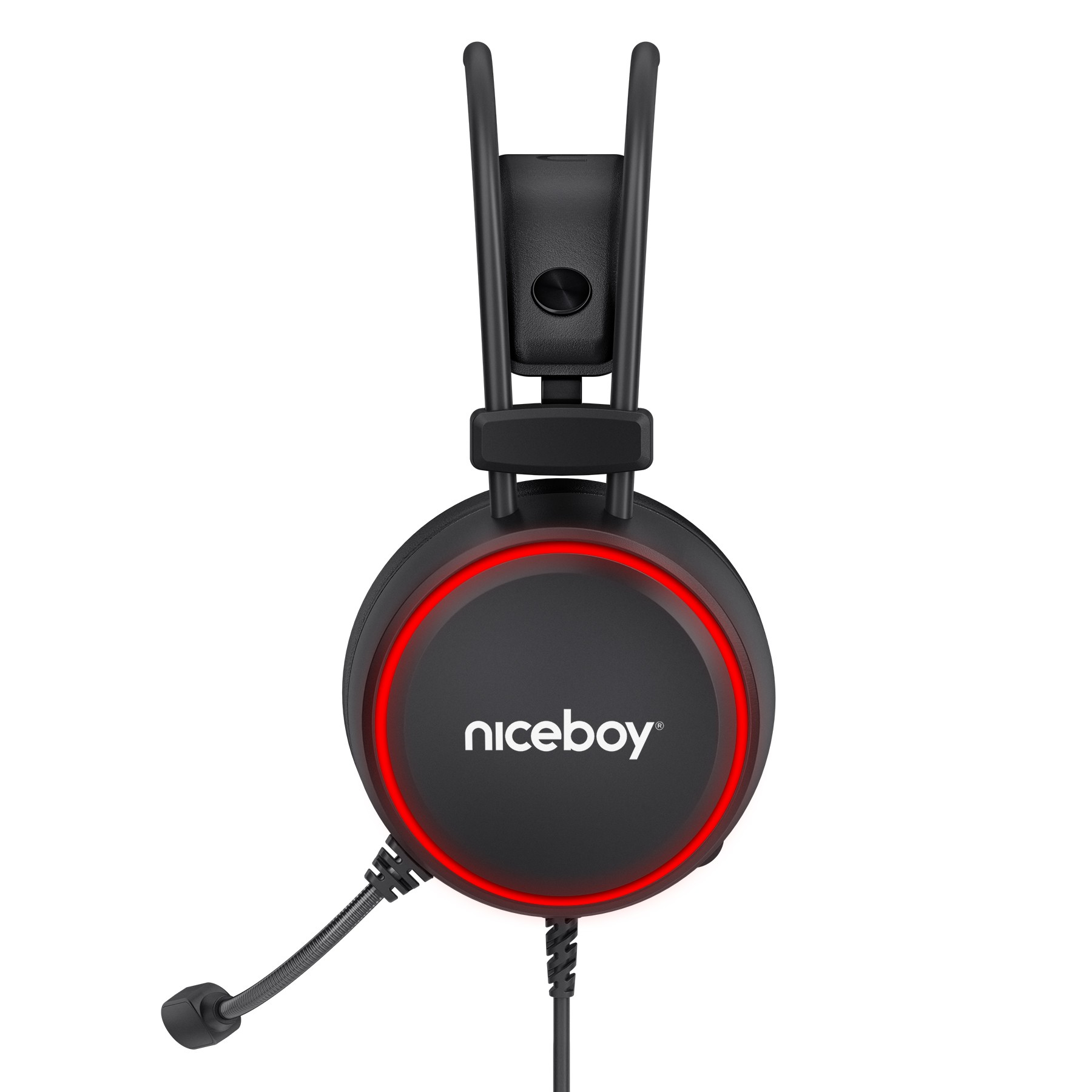 Schwarzes Niceboy-Gaming-Headset mit rotem LED-Ring und Mikrofon auf weißem Grund.
