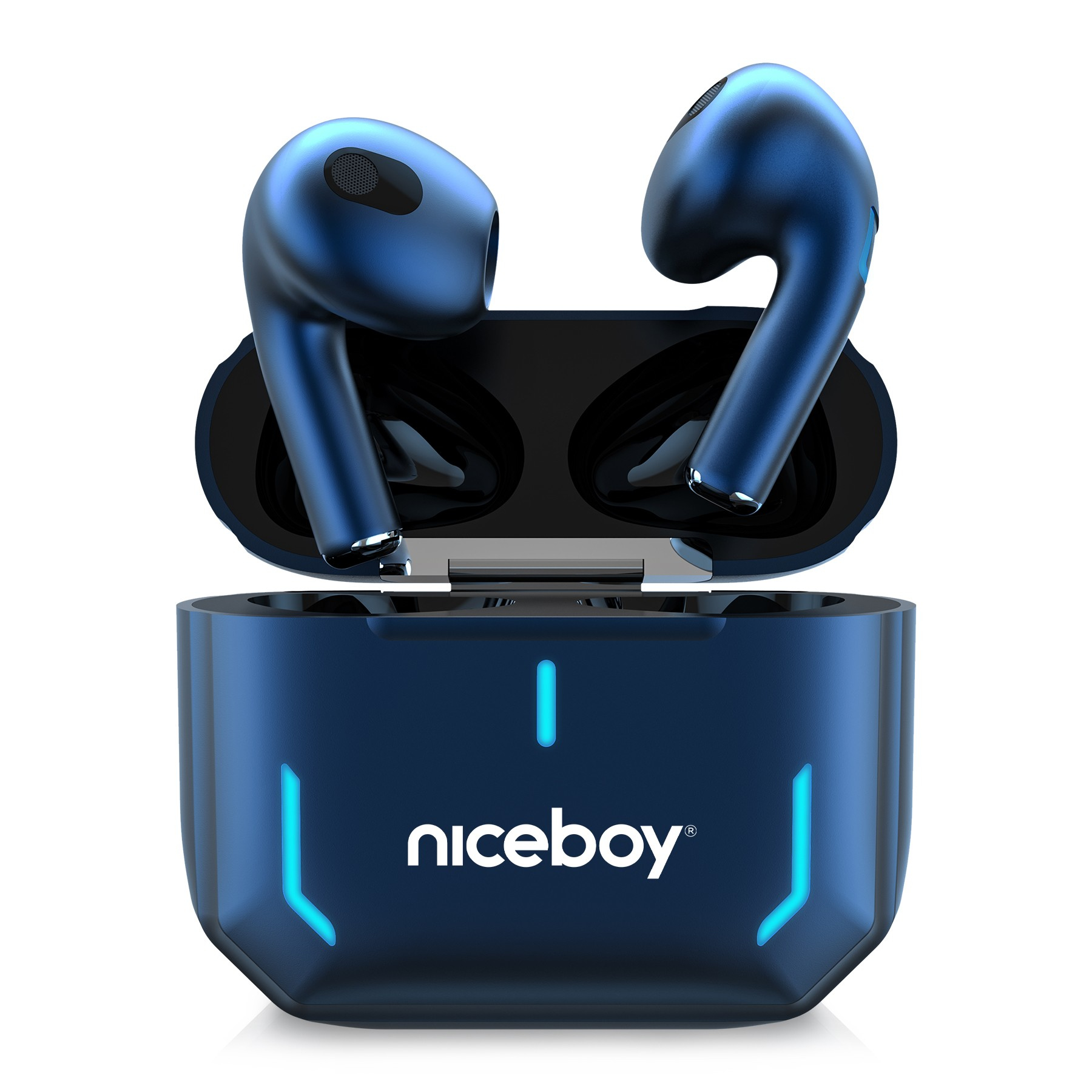 Glänzende blaue kabellose Kopfhörer in einer leuchtenden blauen Ladebox mit dem Niceboy-Logo.