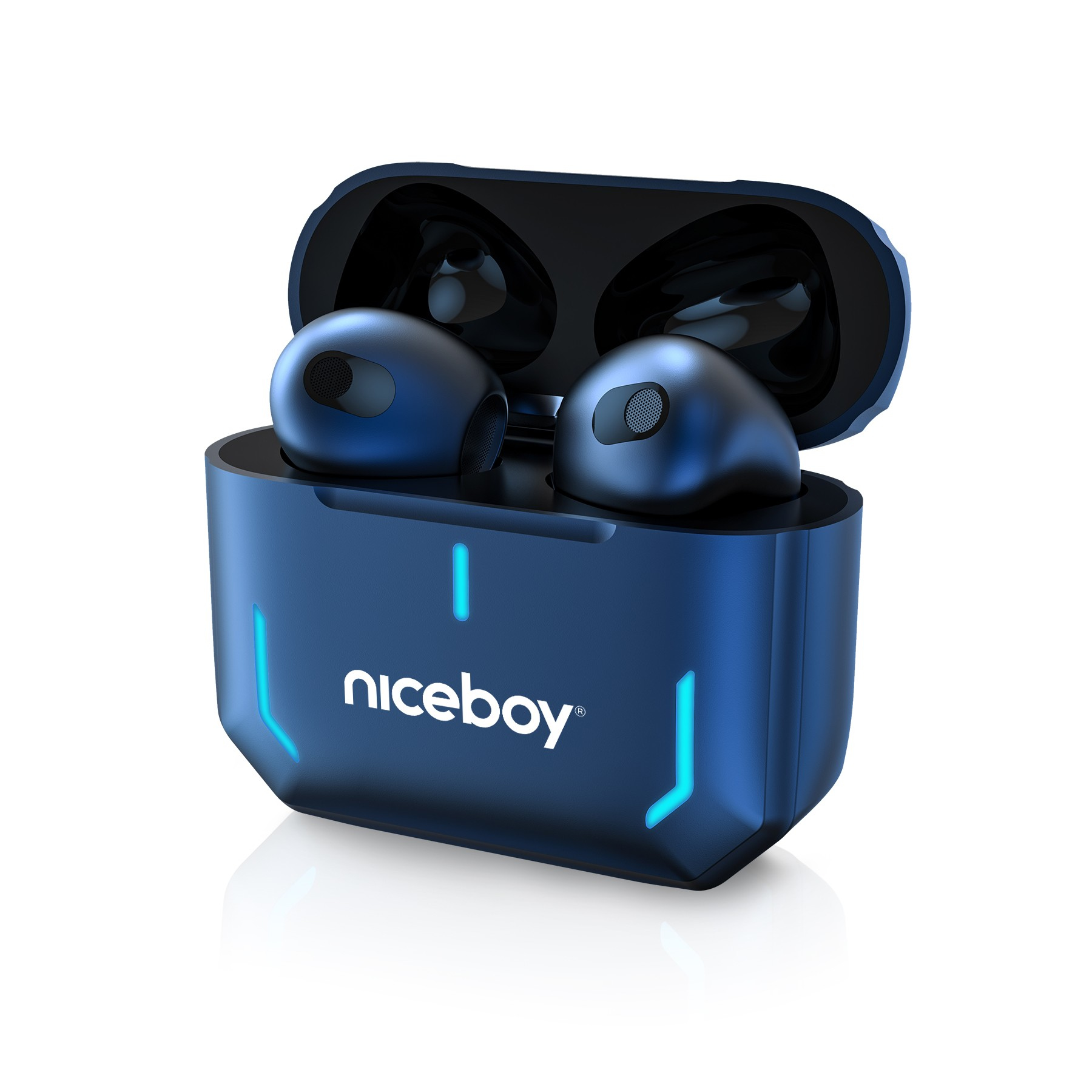 Blaue kabellose Ohrhörer in einer leuchtenden Ladebox mit Niceboy-Logo vor weißem Hintergrund.