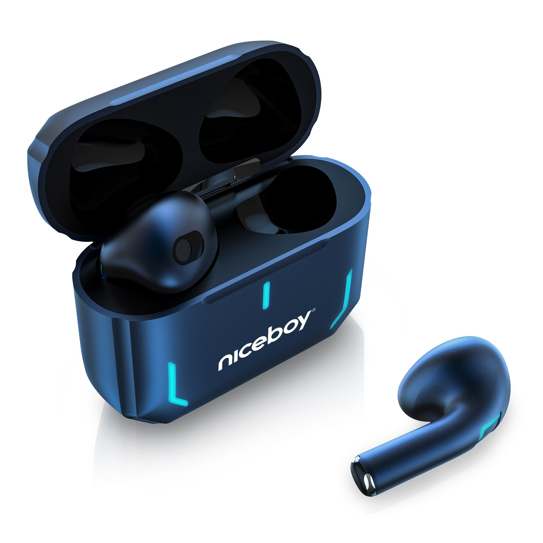 Blaues kabelloses Headset mit Ladecase, leuchtend türkisen Lichtern und Niceboy-Logo.