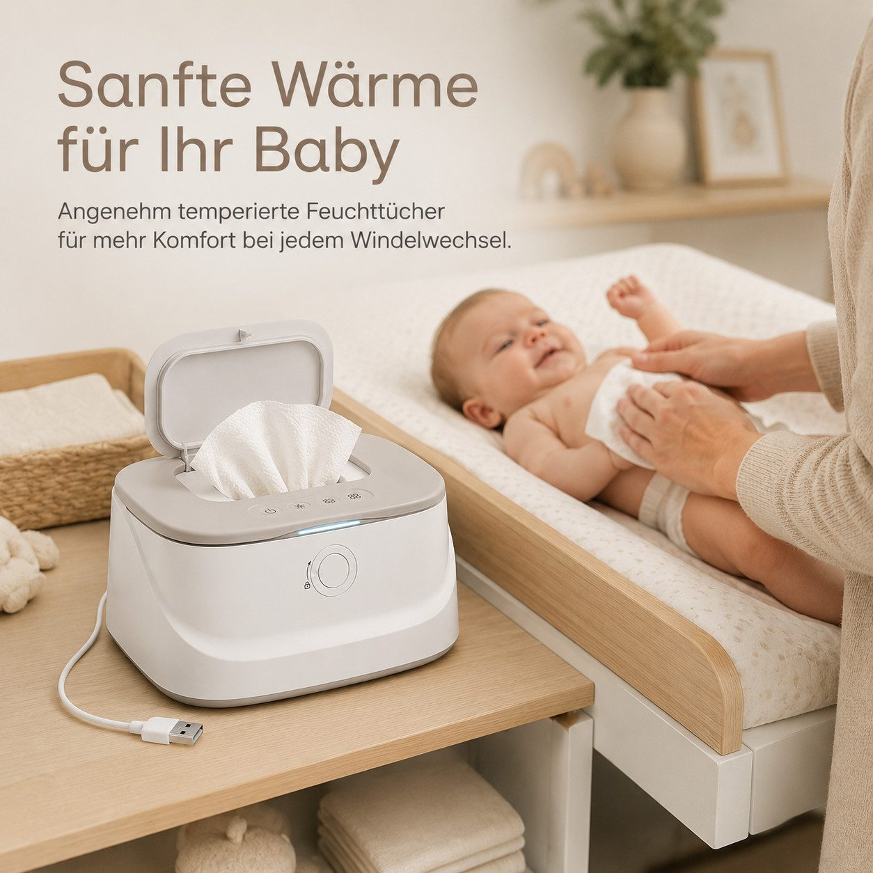 Ein weißer Feuchttuchwärmer steht auf einem Tisch, während im Hintergrund ein Baby auf einem Wickeltisch liegt.