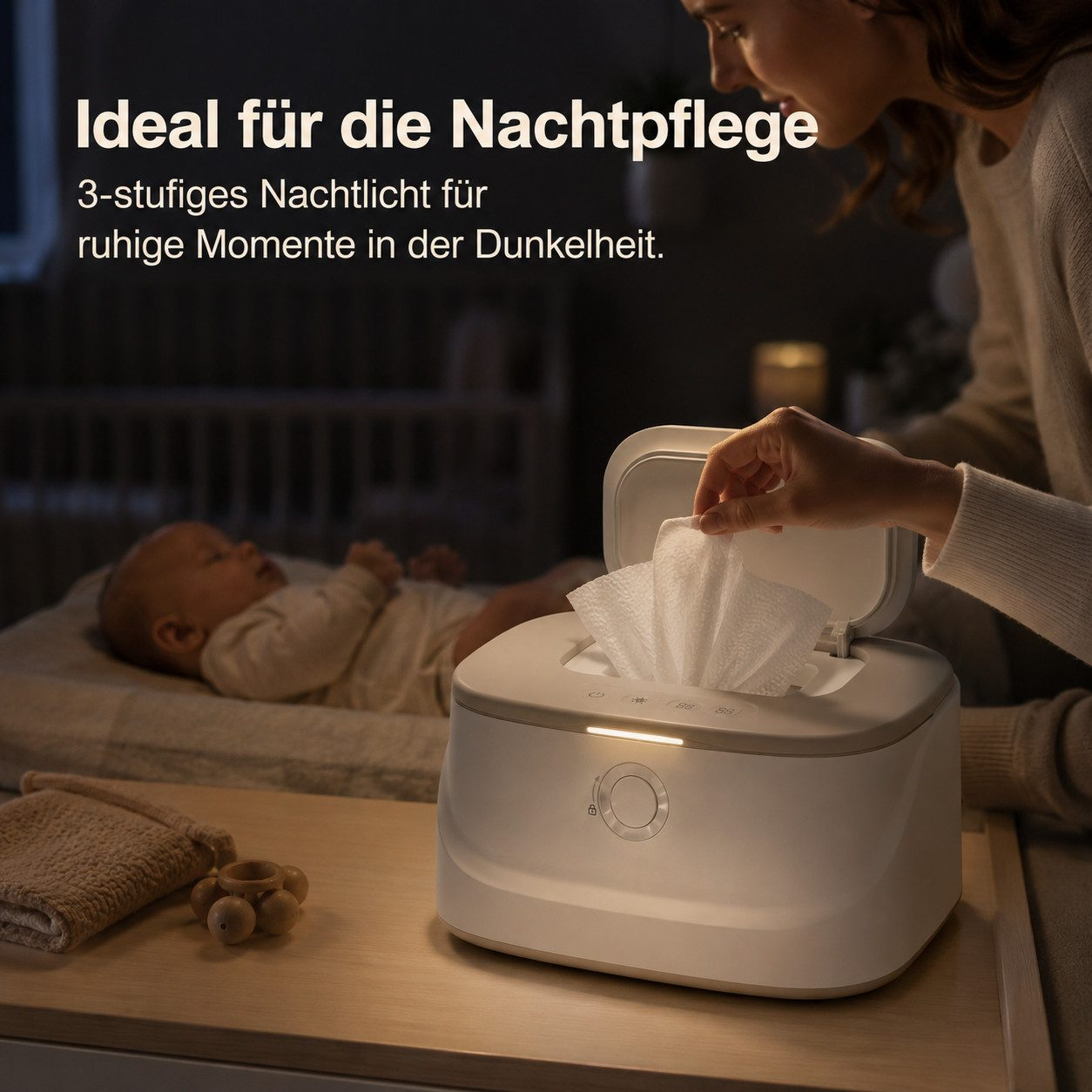 Eine Frau zieht ein feuchtes Tuch aus einem beleuchteten Spender im abgedunkelten Kinderzimmer.