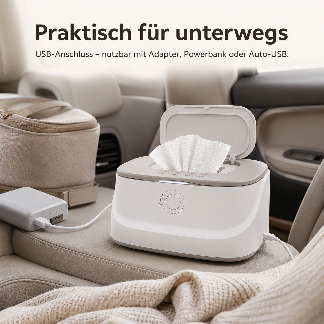 Ein tragbarer Feuchttuchwärmer im Auto, an eine Powerbank angeschlossen, mit Tasche und Decke im Hintergrund.