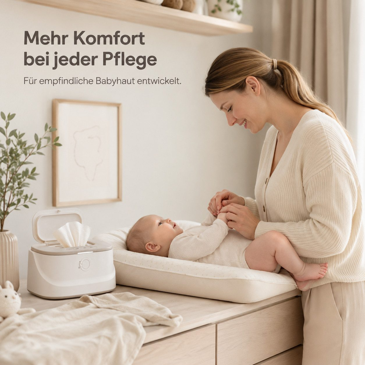 Eine Mutter lächelt, während sie ihr Baby auf einer Wickelkommode pflegt, daneben steht ein Feuchttuchwärmer.