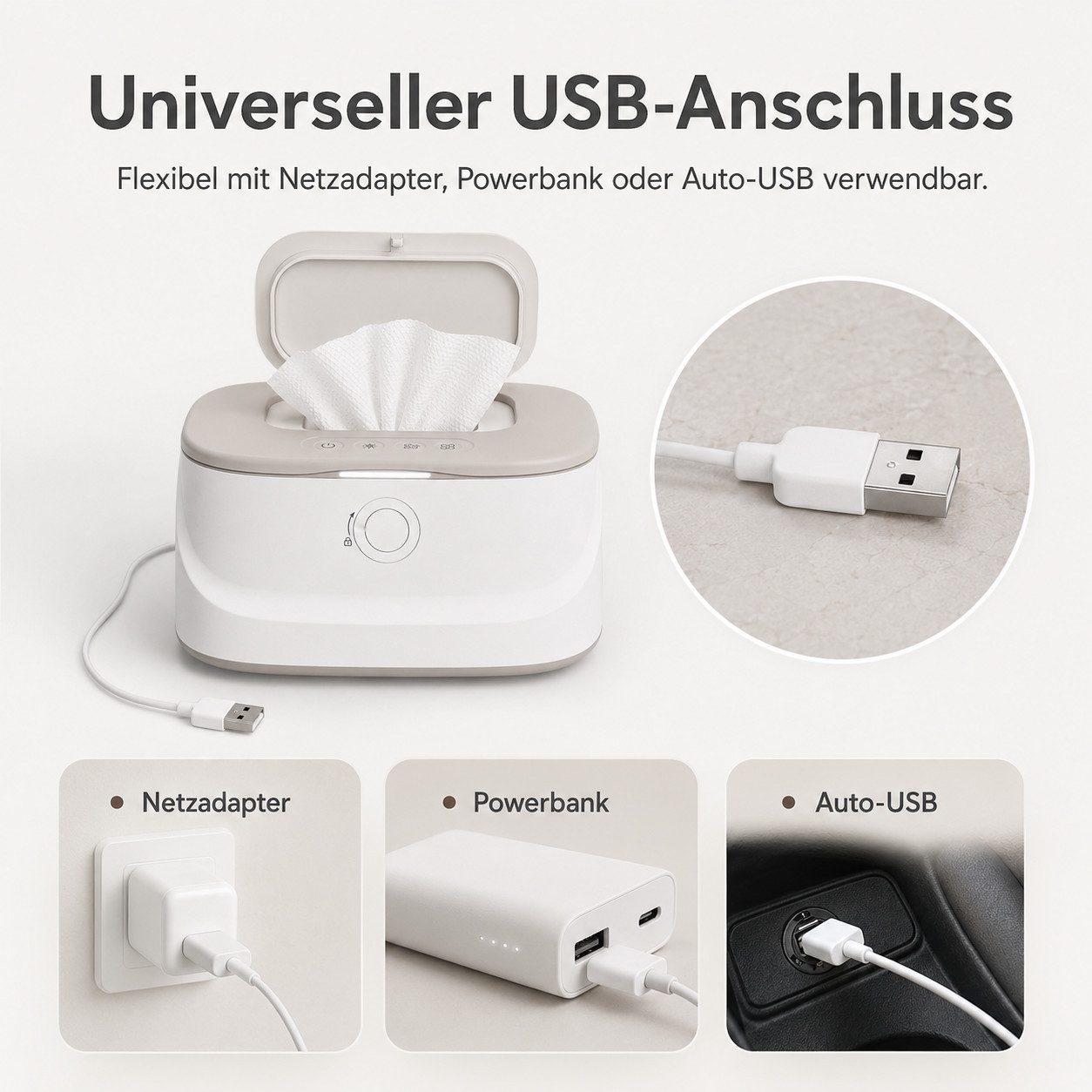 Ein weißer Feuchttuchwärmer mit USB-Kabel, verbunden mit Netzteil, Powerbank oder Auto-USB.