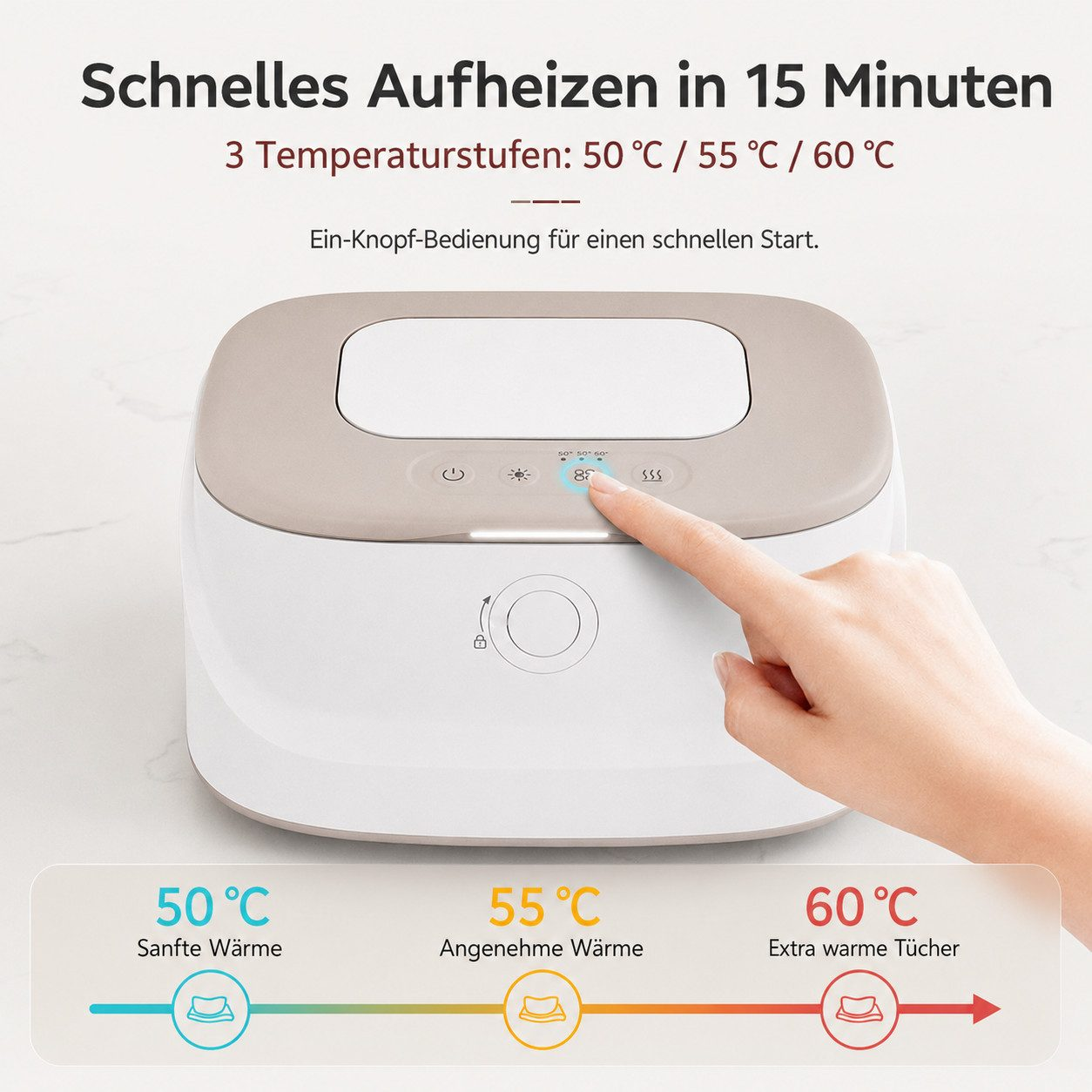 Ein Finger drückt den Bedienknopf eines weißen und beige Nasswärmers mit drei Temperaturstufen.
