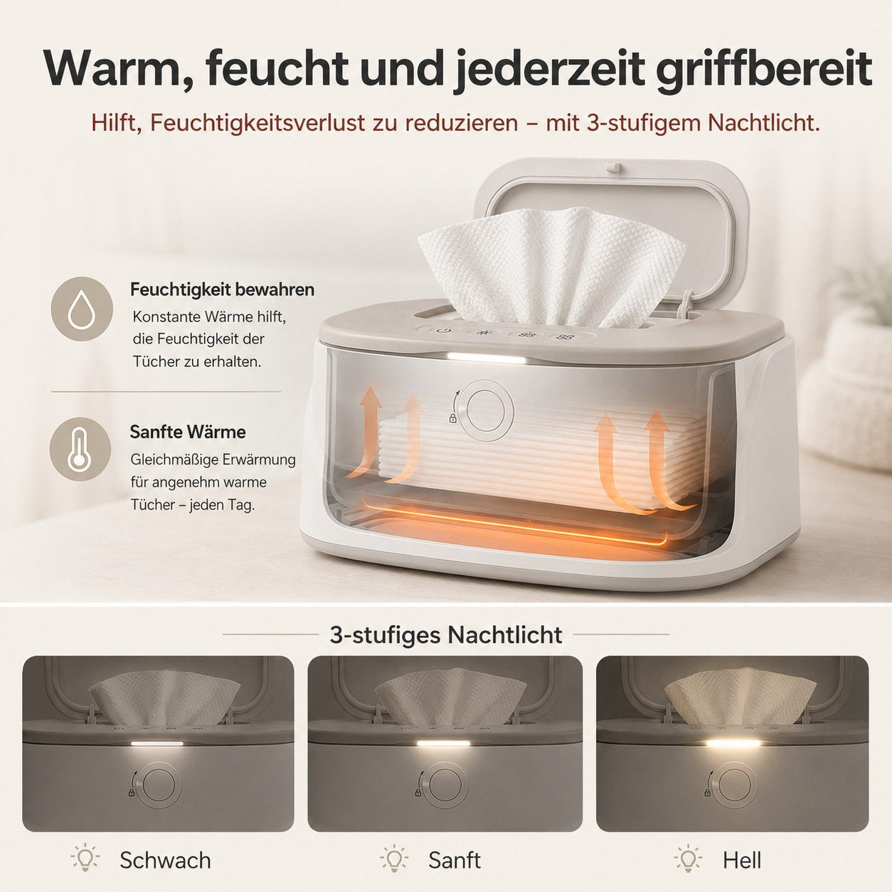 Produktwerbung für einen Feuchttuchwärmer mit integriertem Nachtlicht und Texten auf Deutsch.