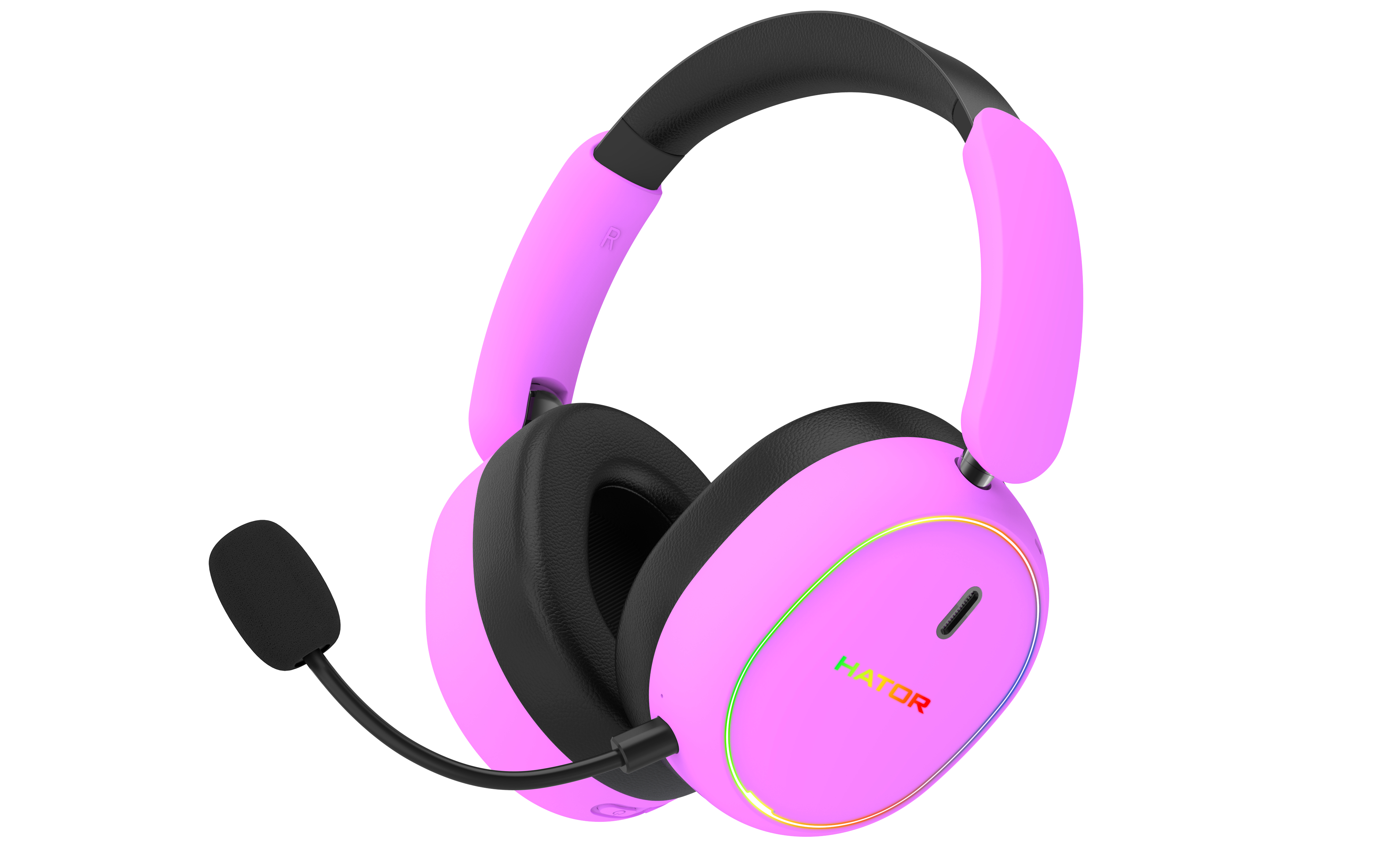 Cuffie da gioco rosa e nere con microfono e illuminazione RGB su sfondo bianco.