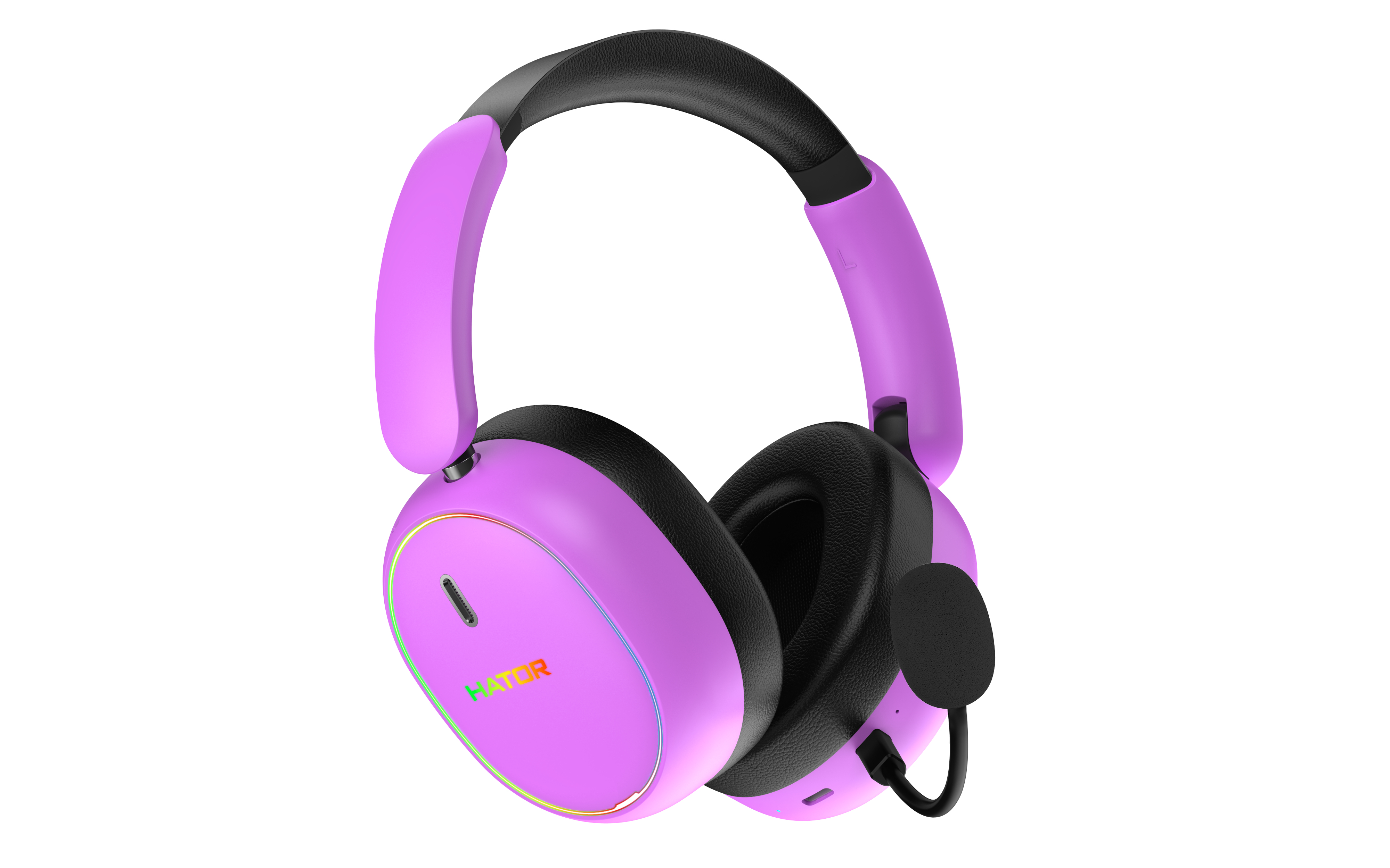 Cuffie da gioco viola con archetto nero, microfono e illuminazione LED colorata.