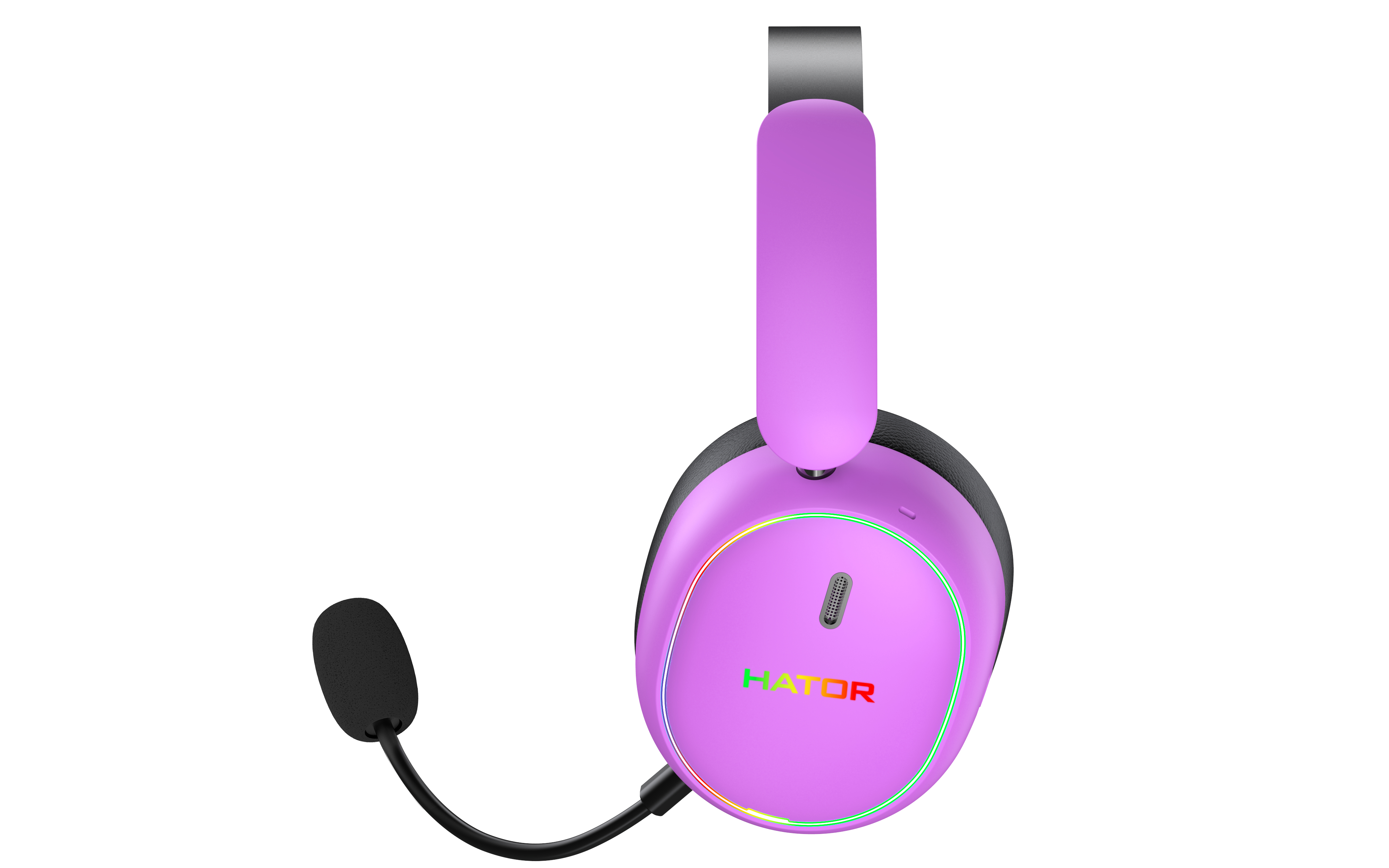 Cuffie da gaming Hator viola con microfono e illuminazione RGB su sfondo bianco.