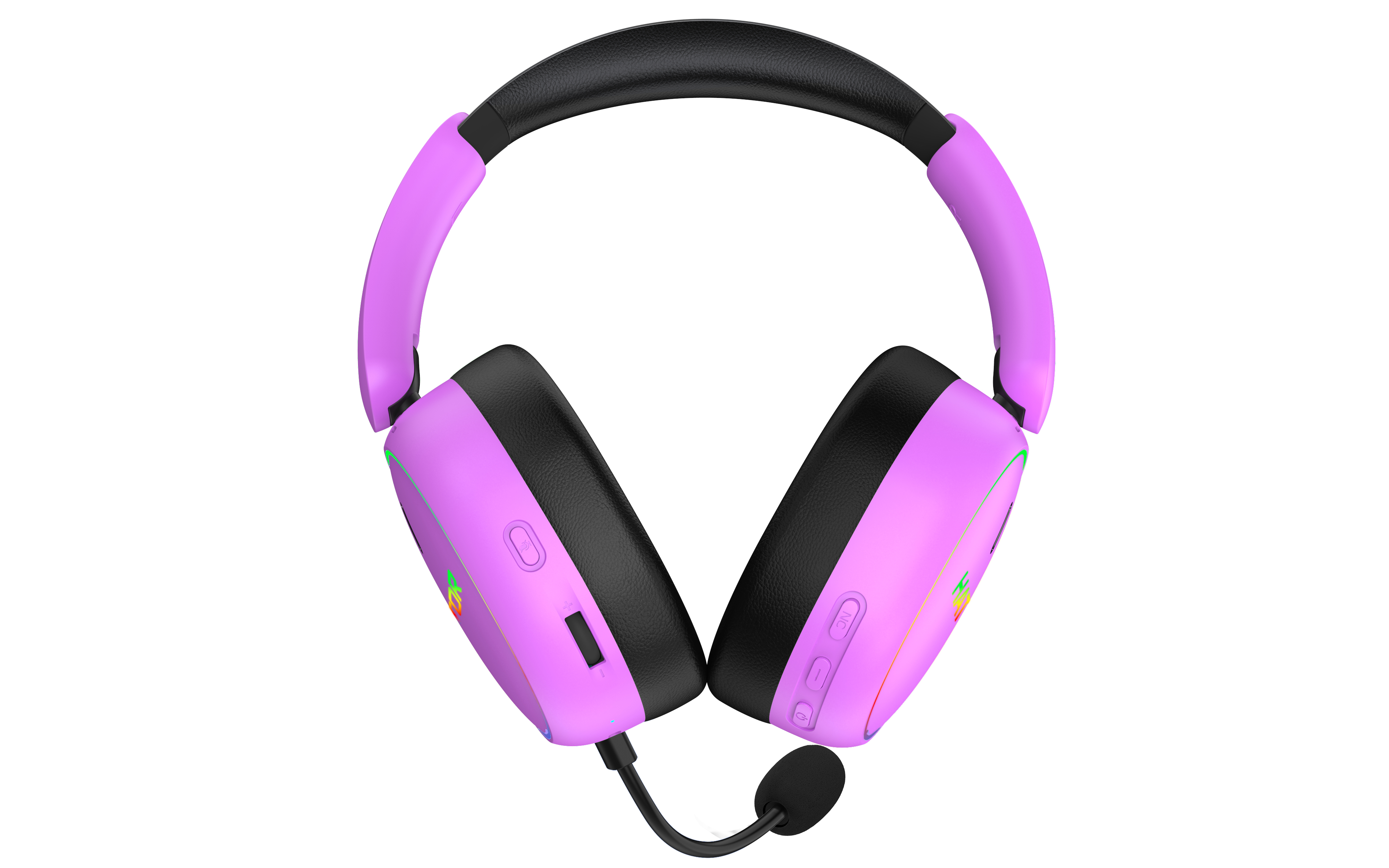 Cuffie da gioco over-ear rosa e nere con microfono su sfondo bianco.