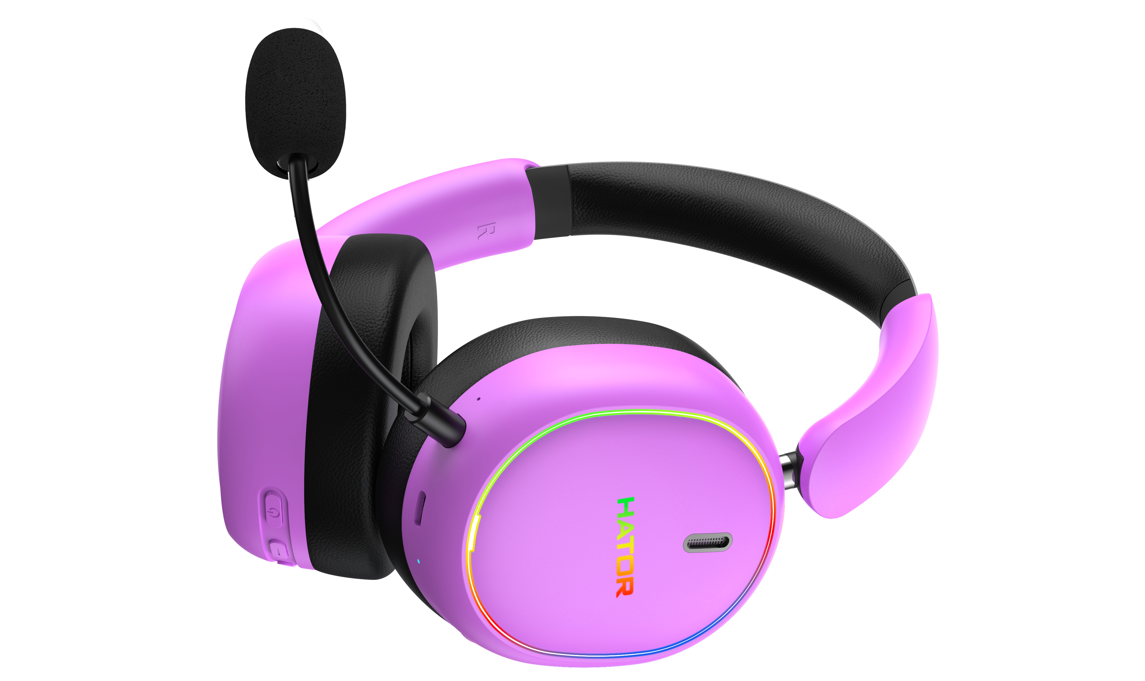 Cuffie da gaming rosa con cuscinetti neri, microfono e anello luminoso colorato sul padiglione.