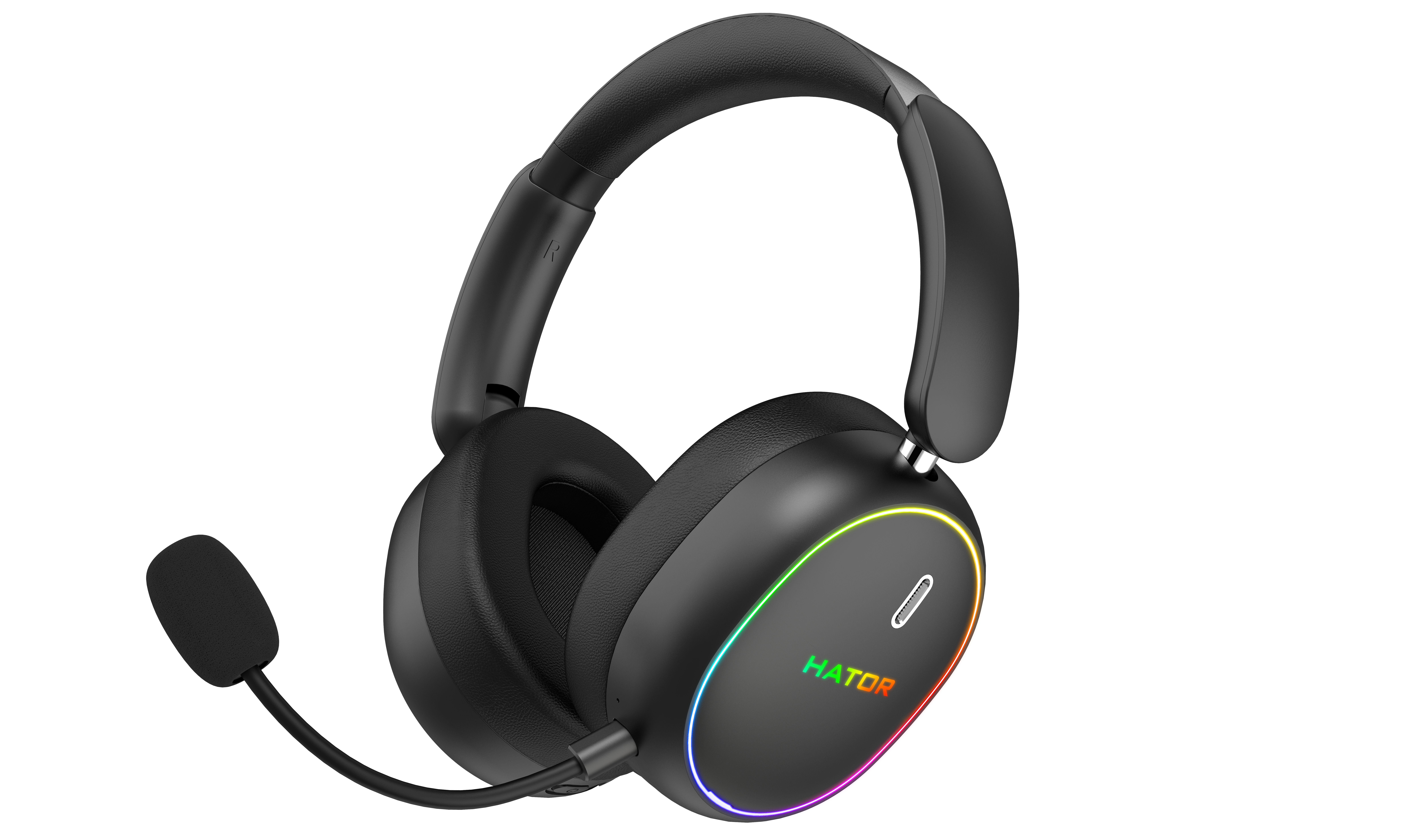 Cuffie da gioco nere con microfono e illuminazione RGB su sfondo bianco.
