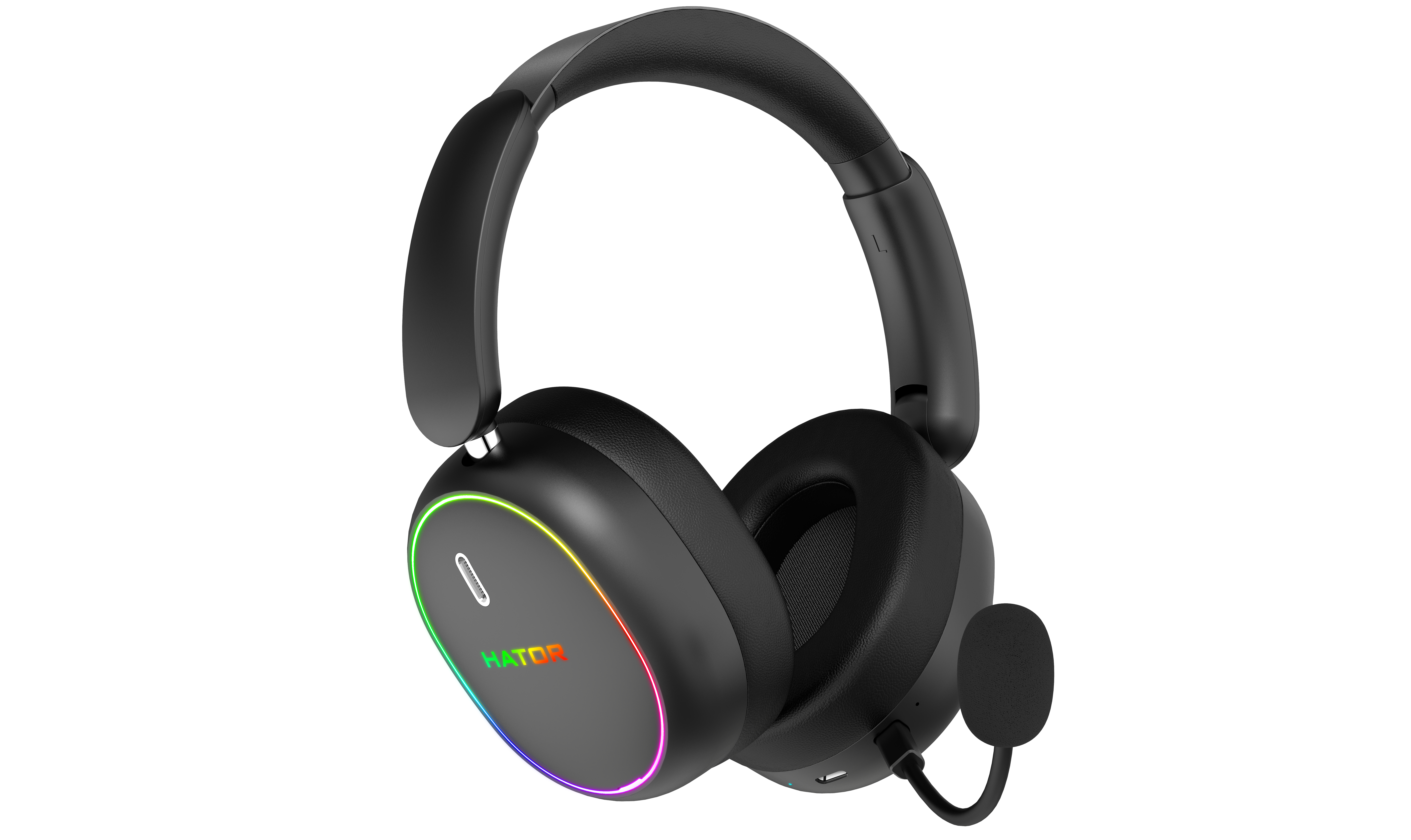 Cuffie gaming over-ear nere con anelli luminosi RGB colorati e microfono collegato.