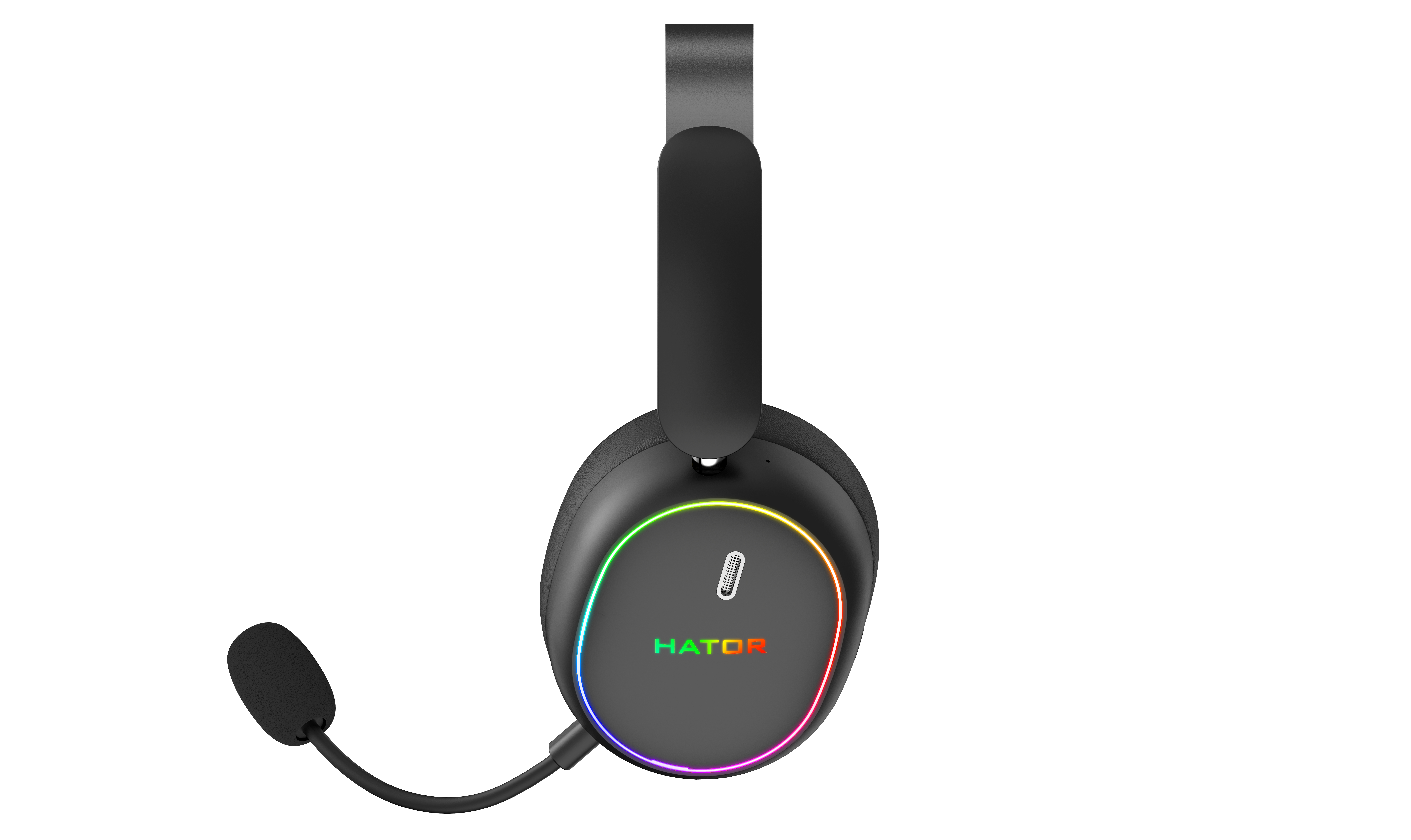 Cuffie da gioco Hator nere con illuminazione RGB e microfono collegato su sfondo bianco.
