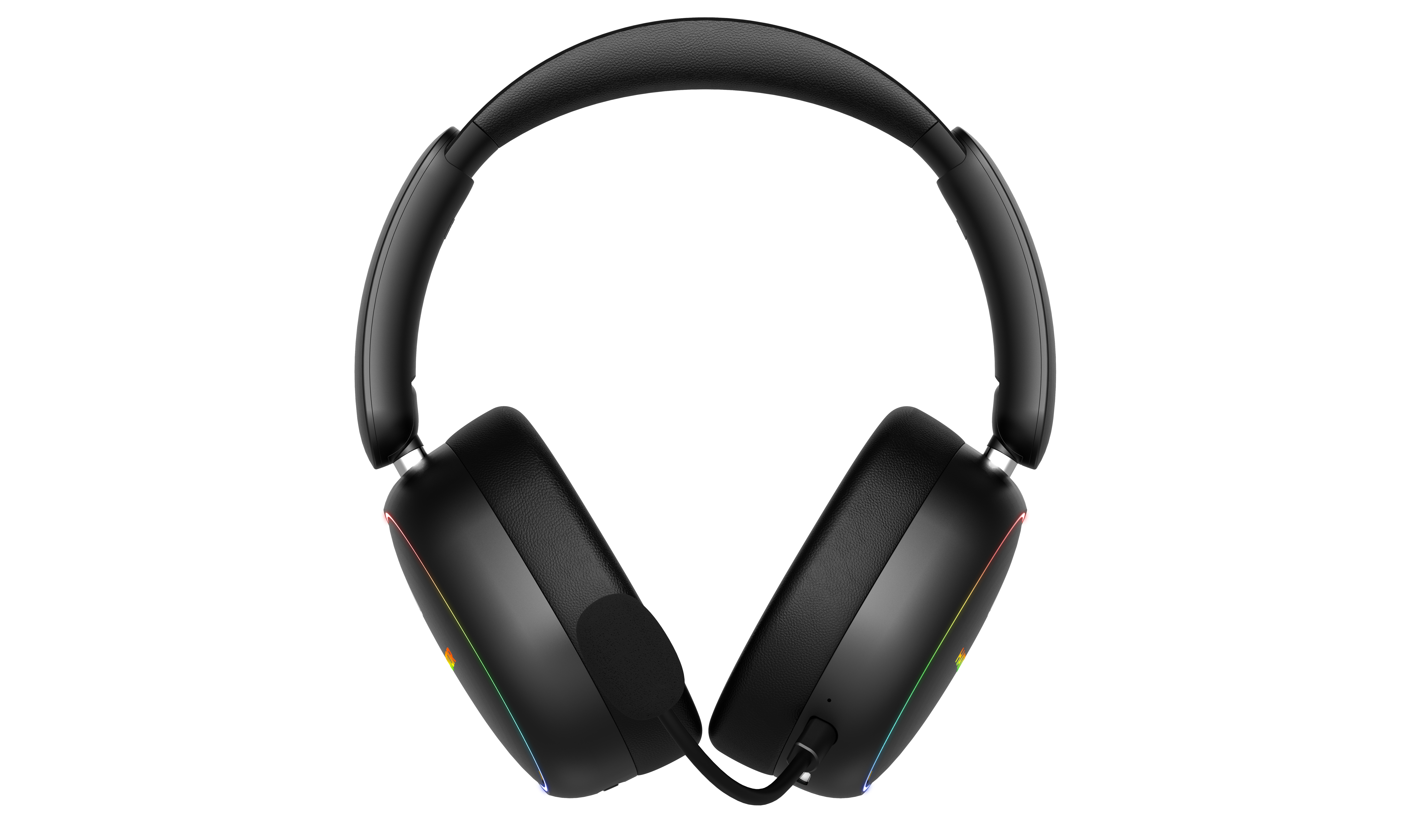 Cuffie over-ear nere con microfono e illuminazione RGB su sfondo bianco.
