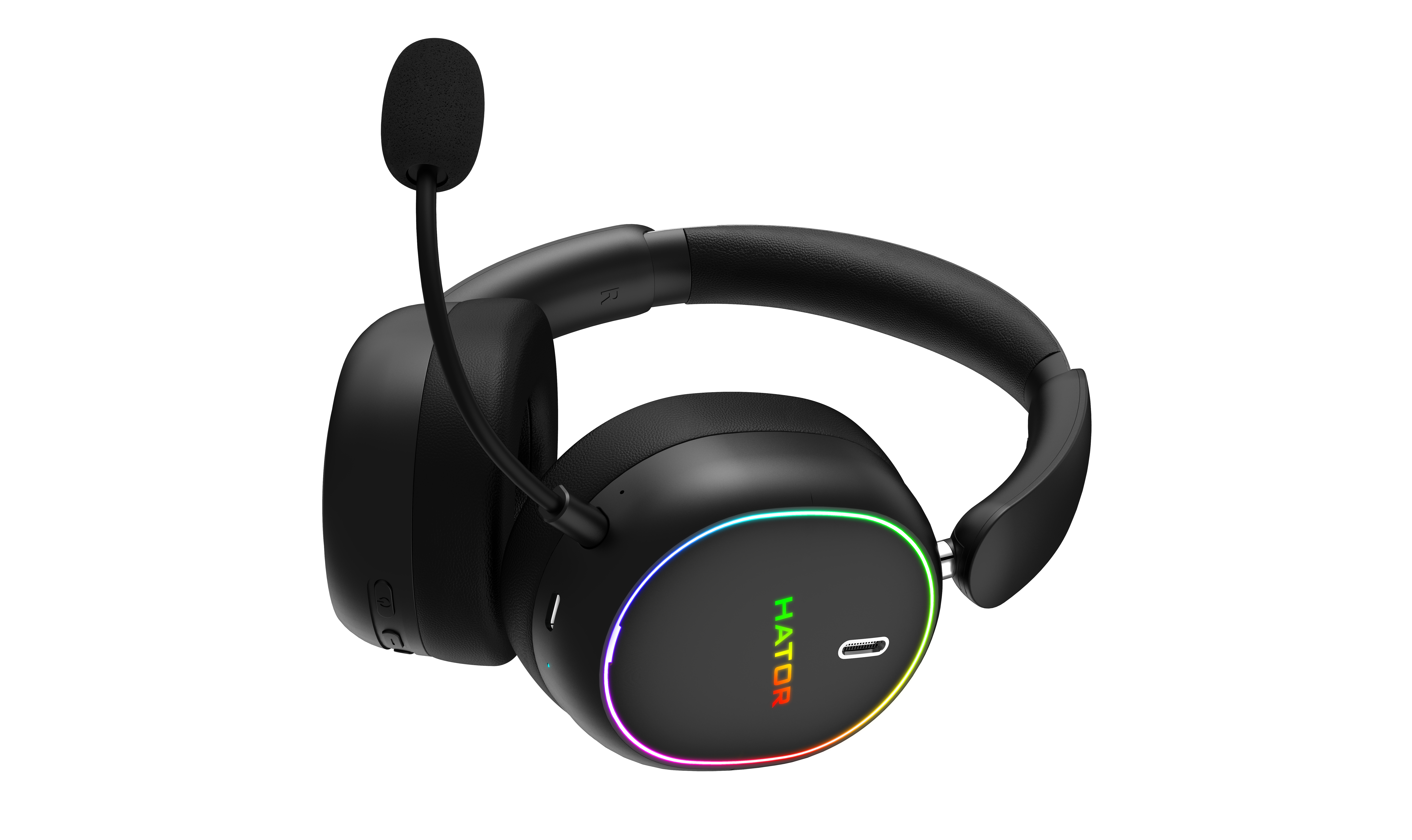 Cuffie da gioco nere con microfono ad asta e anello RGB colorato sul padiglione, su sfondo bianco.