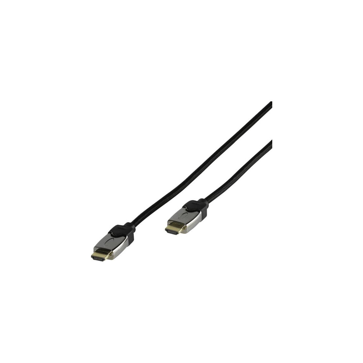 Un cable HDMI negro con conectores dorados sobre fondo blanco.