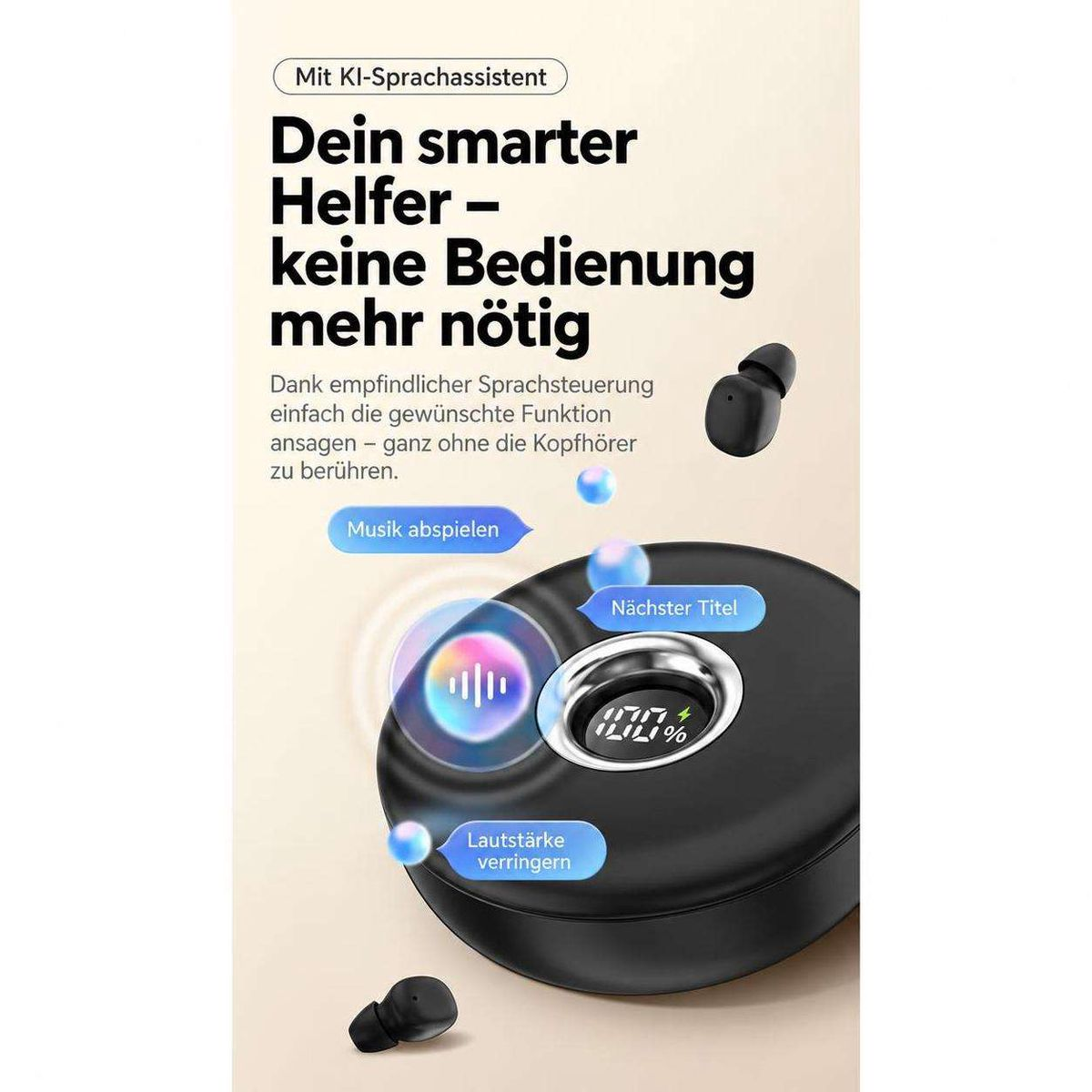 Kabellose Ohrhörer mit Ladeetui, Sprachsteuerung und digitaler Akkuanzeige.