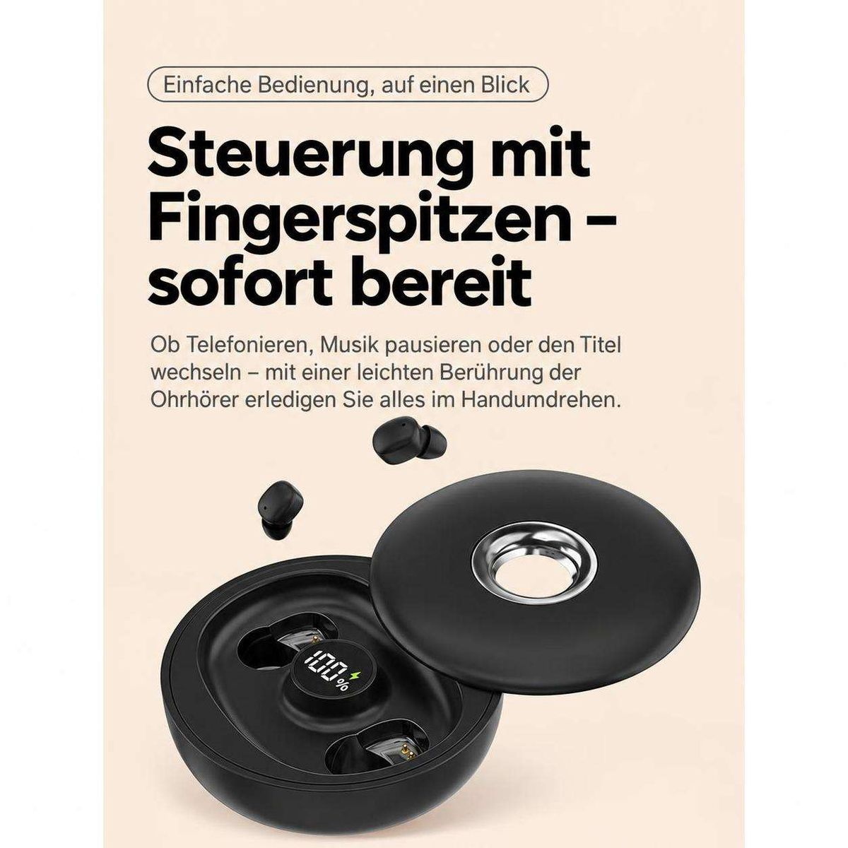 Werbebild für kabellose Ohrhörer mit Ladecase und deutscher Textbeschreibung.