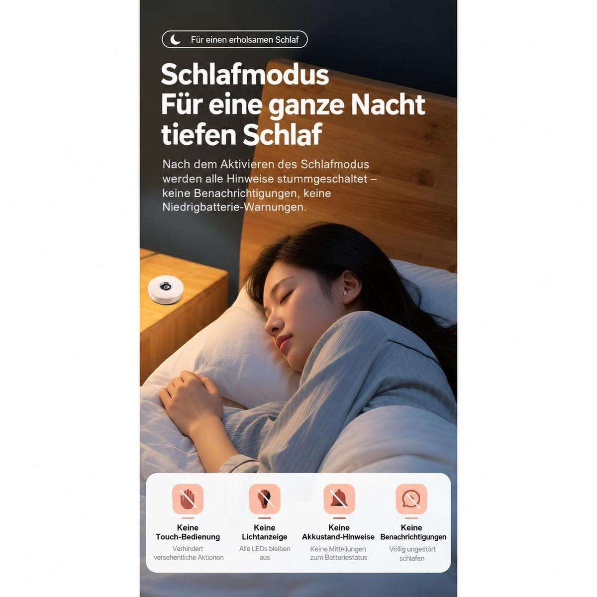 Eine Frau schläft friedlich im Bett, unterstützt durch den Schlafmodus für ungestörte Nachtruhe.