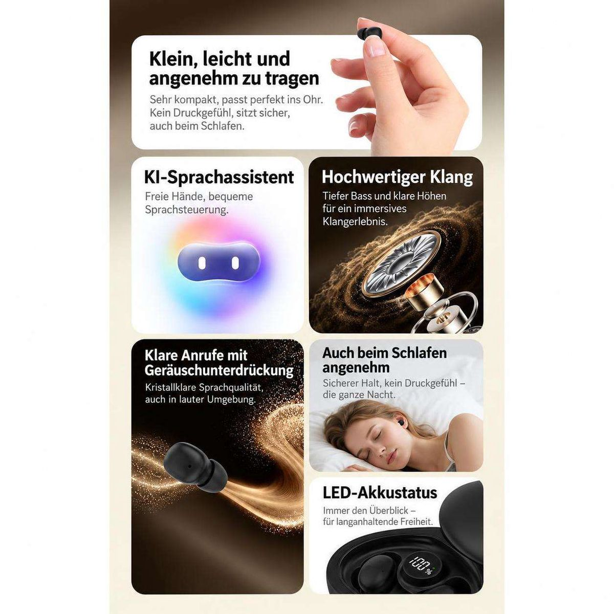 Werbebild für kleine In-Ear-Kopfhörer mit Funktionen wie KI-Assistent, starkem Sound, Rauschunterdrückung und Schlafkomfort.