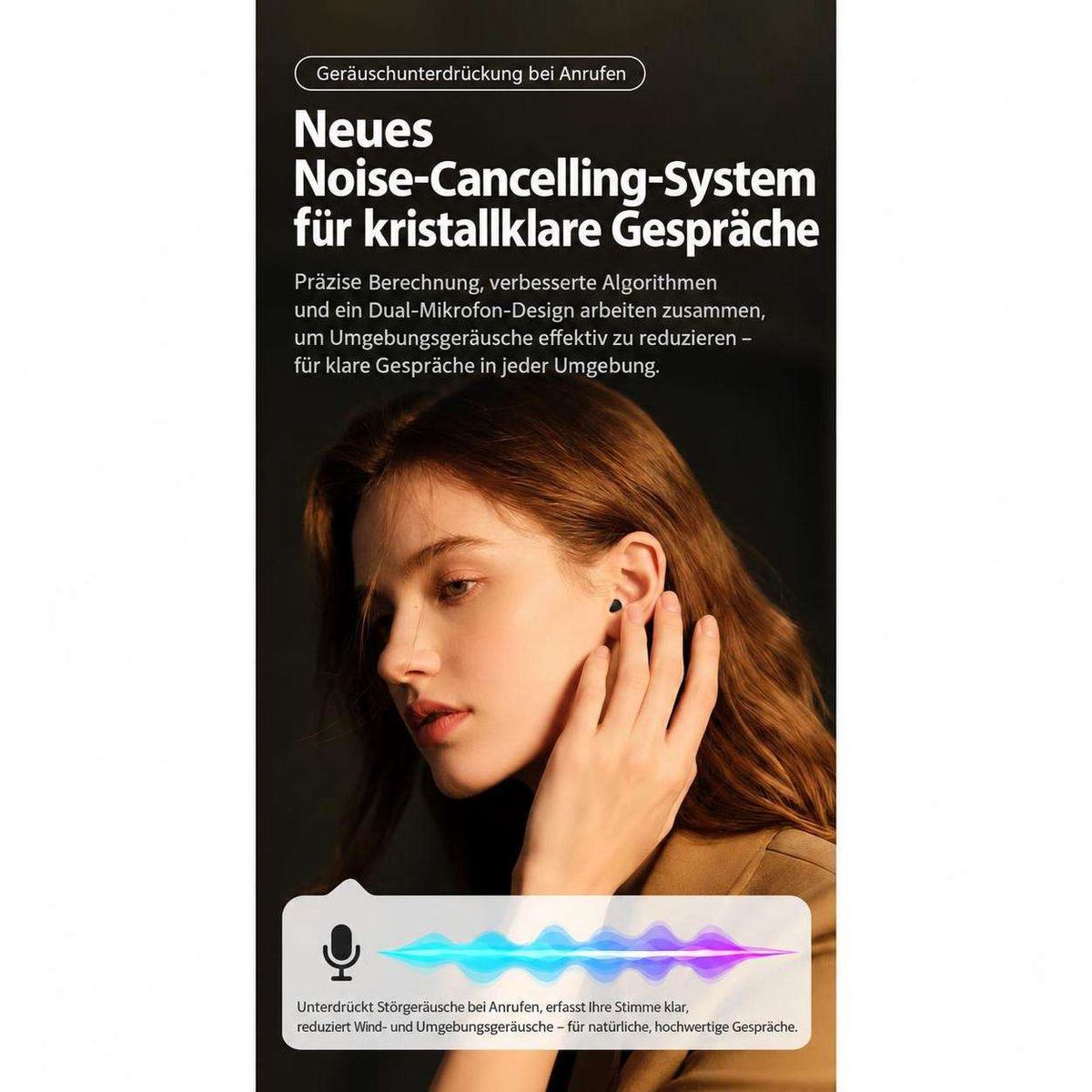 Frau mit In-Ear-Kopfhörern und Text über Rauschunterdrückung.