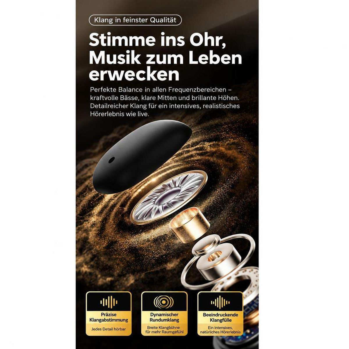 Werbebild für Kopfhörer mit der Explosionsansicht der technischen Komponenten und deutscher Text.