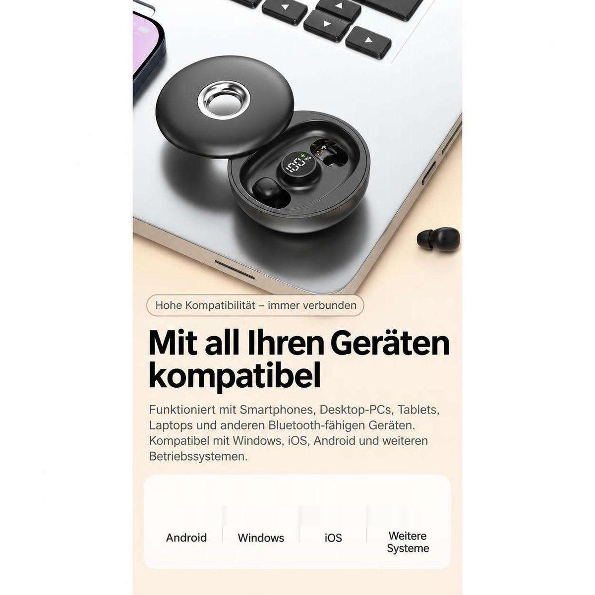Schwarze kabellose Ohrhörer mit Ladecase auf einem Laptop neben deutscher Werbung für Gerätekompatibilität.