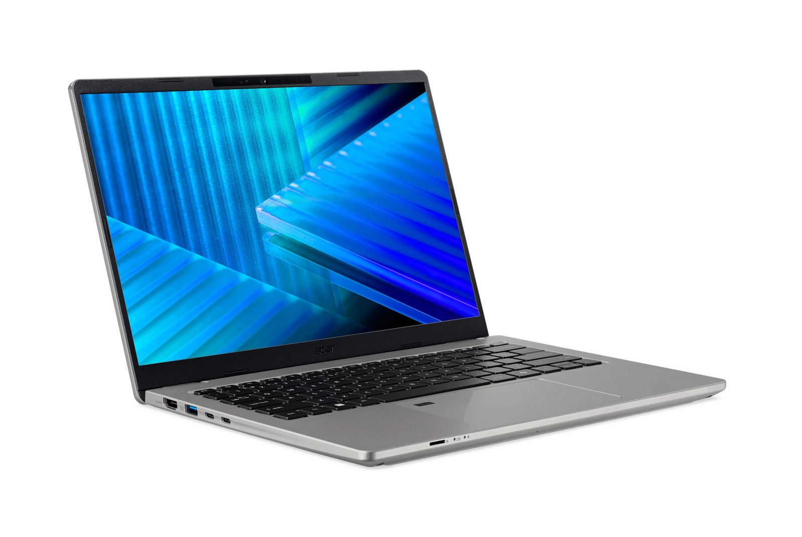 Un computer portatile argentato con tastiera nera e sfondo astratto blu sullo schermo.