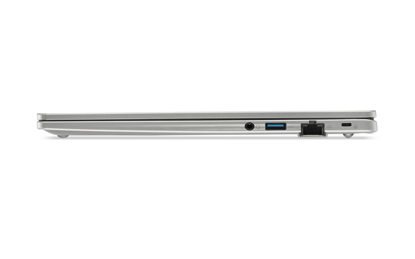 Vista laterale di un laptop argentato chiuso con jack audio, porta USB, porta Ethernet e slot di sicurezza.