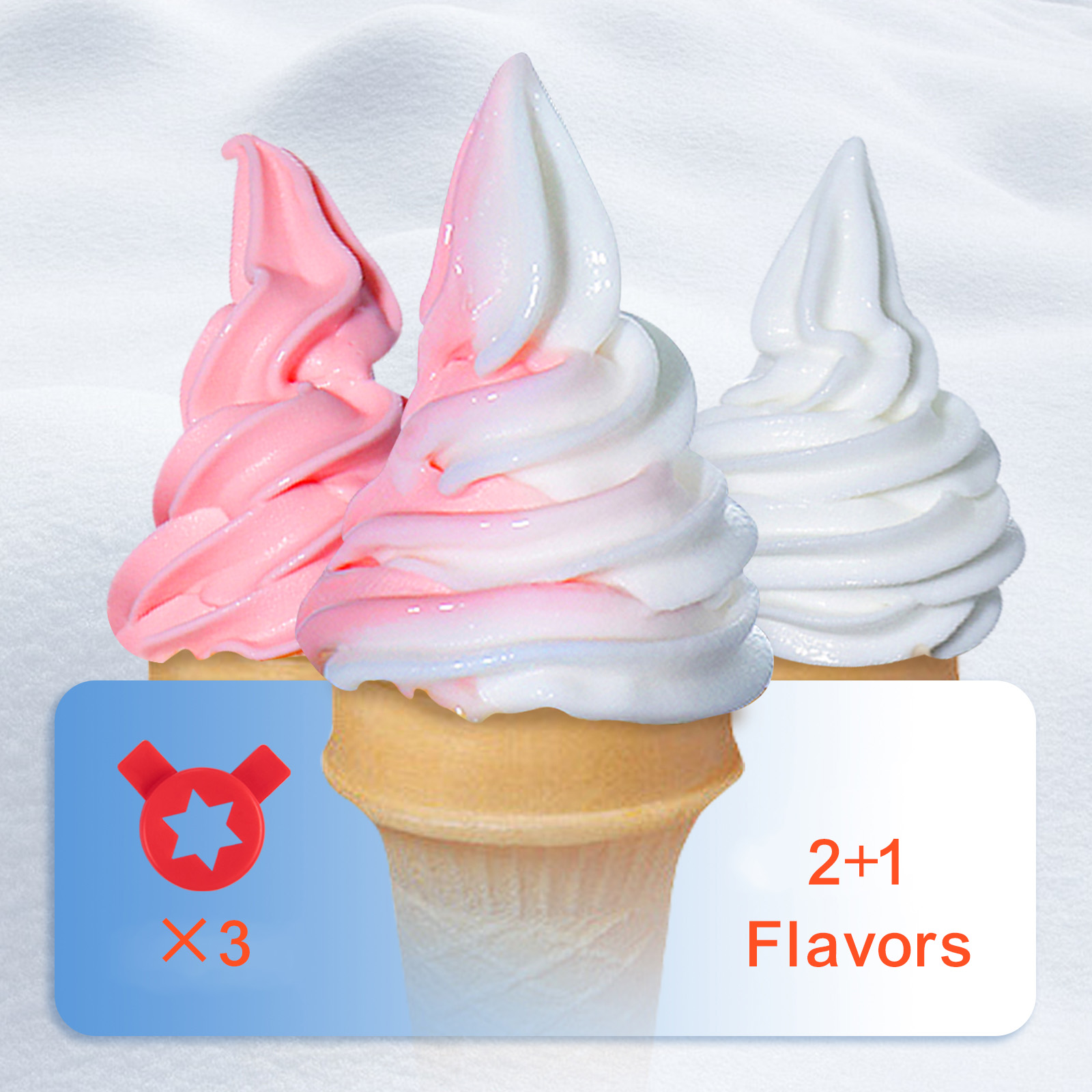 Tres helados: rosa, remolino rosa-blanco y blanco, con el texto 2+1 Flavors sobre fondo blanco.