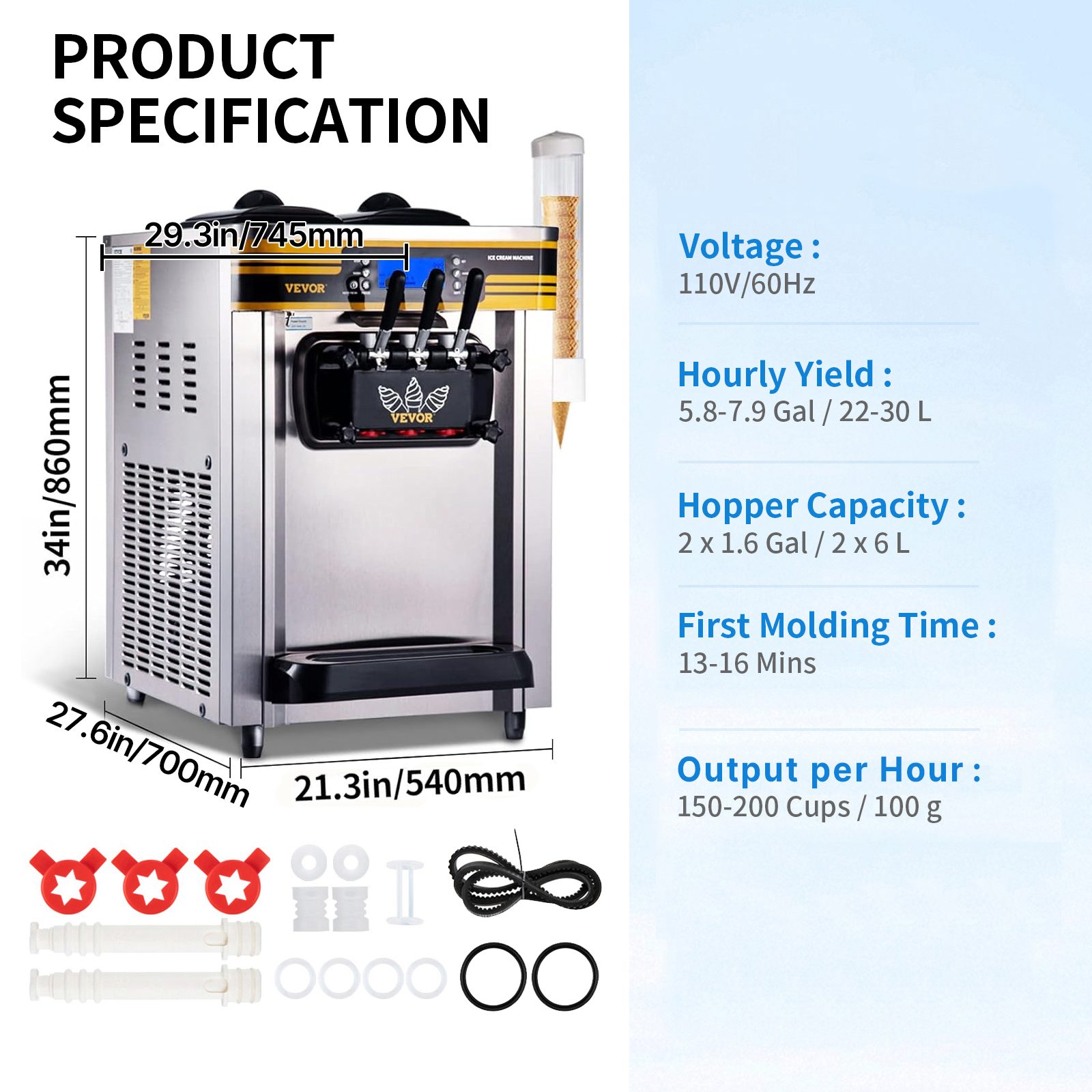 Máquina de helado suave de acero inoxidable con dimensiones, accesorios y especificaciones.