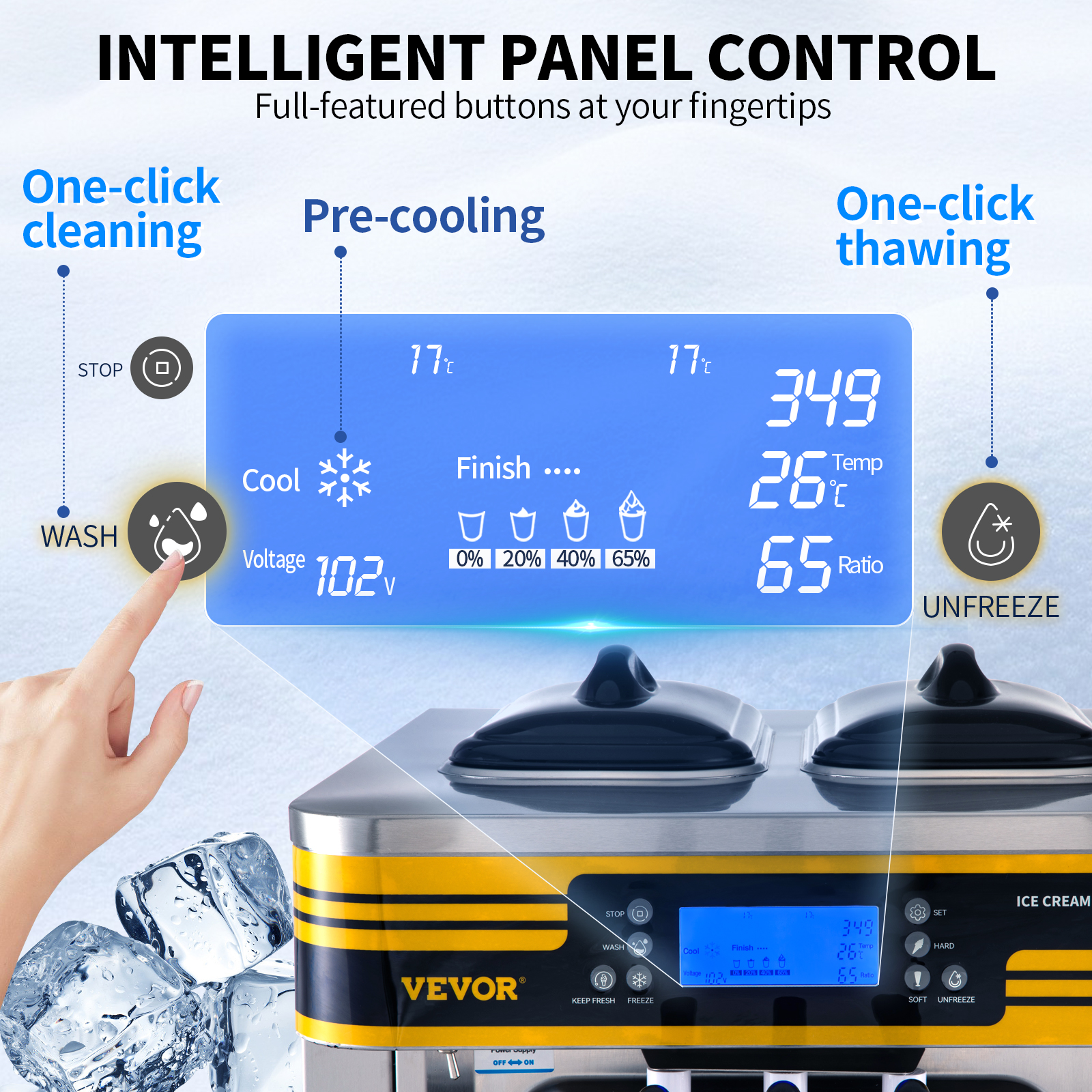 Un panel de control inteligente para máquina de helados destaca funciones como limpieza, preenfriamiento y descongelación.