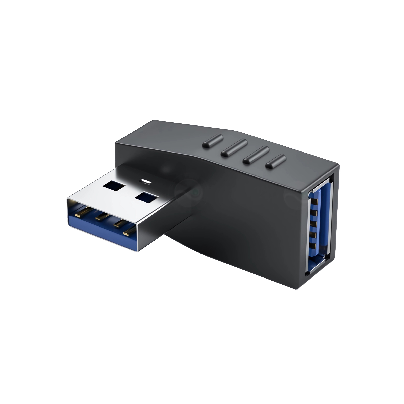 Ein schwarzer USB-Splitter mit einem USB-A-Stecker und mehreren USB-Ports auf weißem Hintergrund.