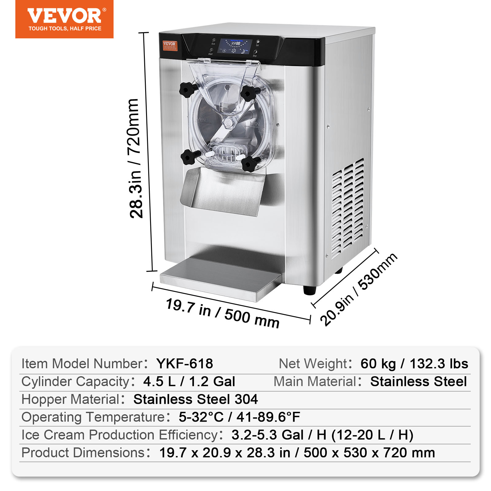 Máquina de helados de acero inoxidable con dimensiones y especificaciones.
