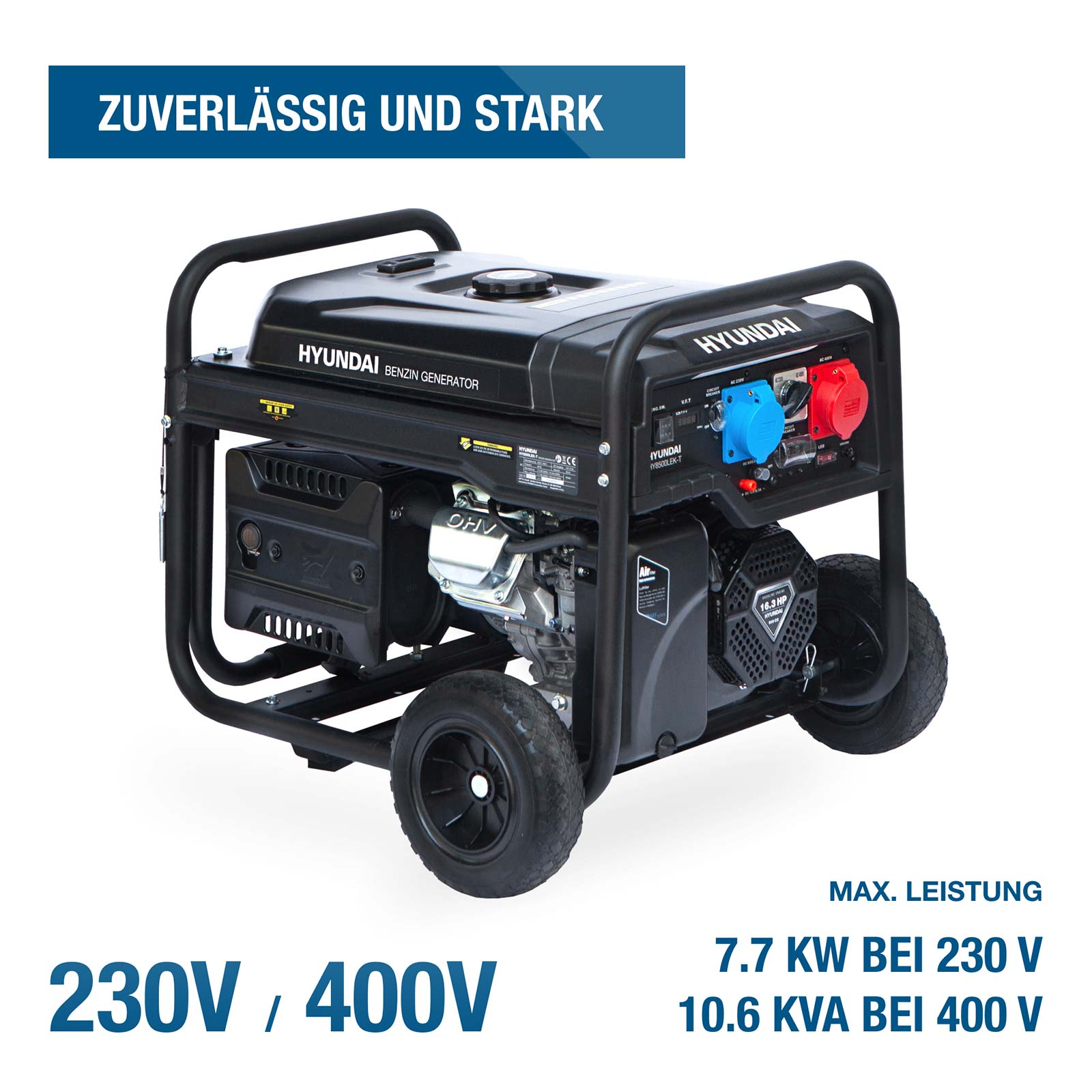 Ein tragbarer Hyundai-Benzingenerator mit Rahmen und Rädern auf weißem Hintergrund und deutscher Werbebeschriftung.