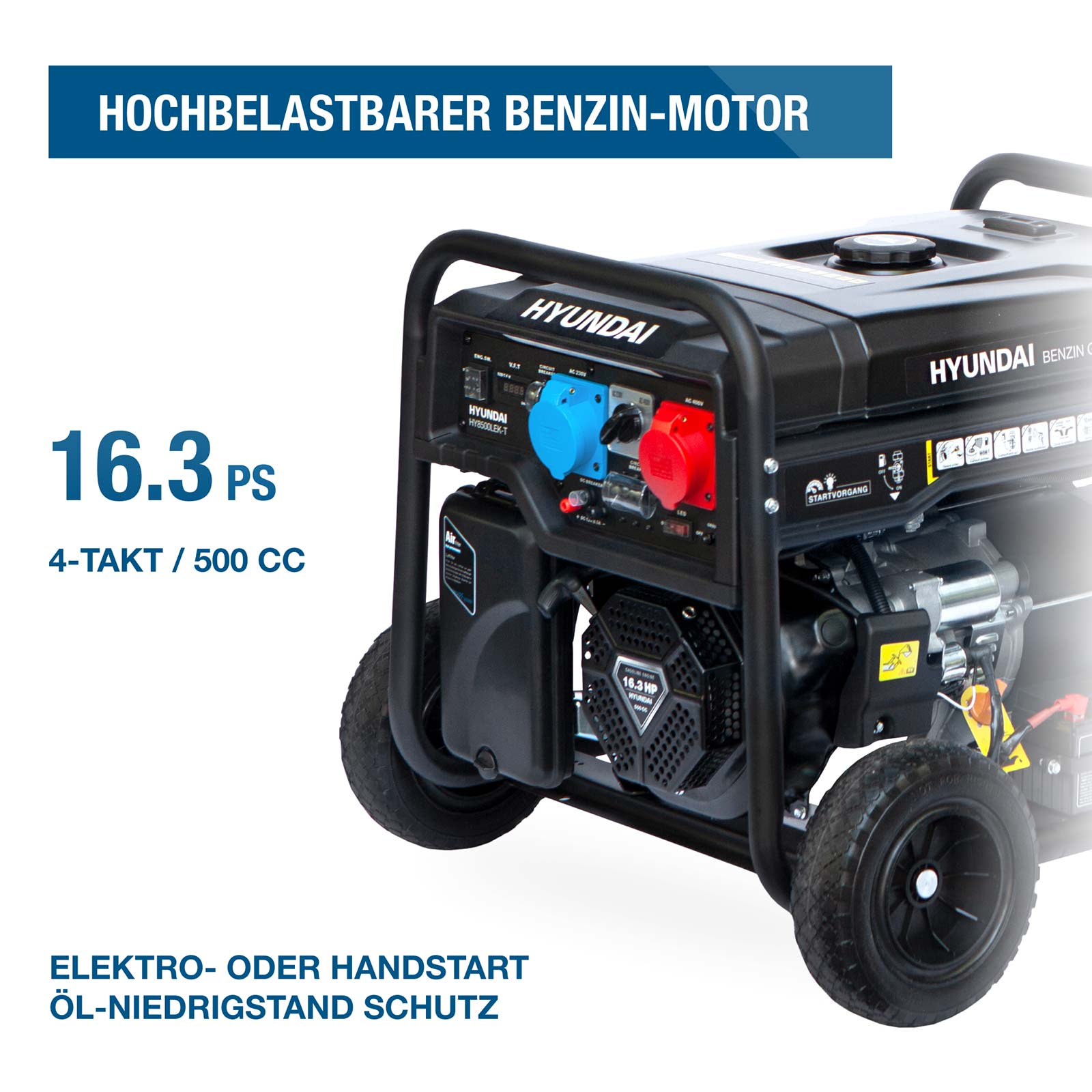 Ein tragbarer Hyundai-Benzingenerator mit Rädern, roter und blauer Steckdose und deutschem Text.