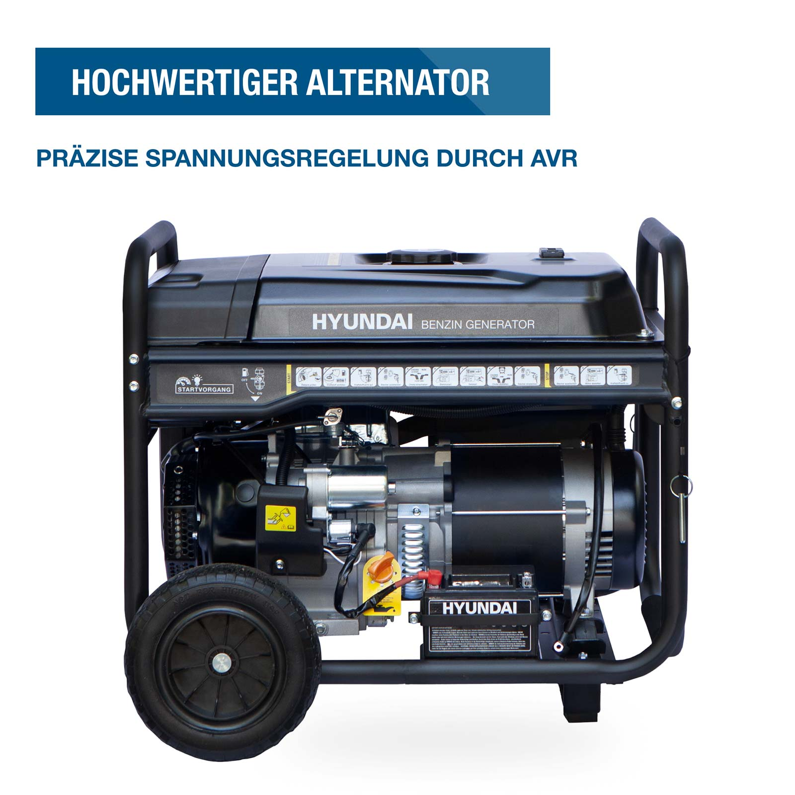 Hyundai Benzin-Generator mit Rädern und schwarzem Rahmen vor weißem Hintergrund, mit deutschem Werbetext.