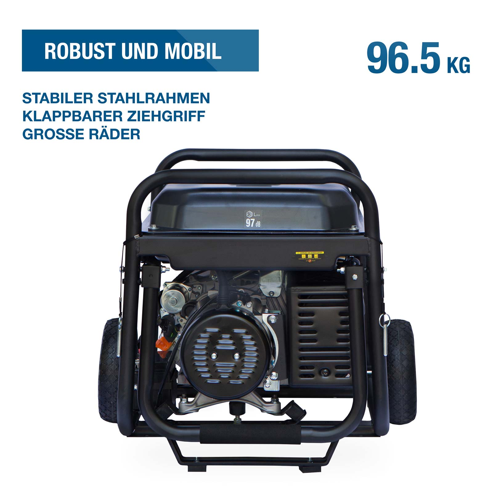Starker Generator mit Stahlrahmen, Griff und Rädern auf weißem Hintergrund.