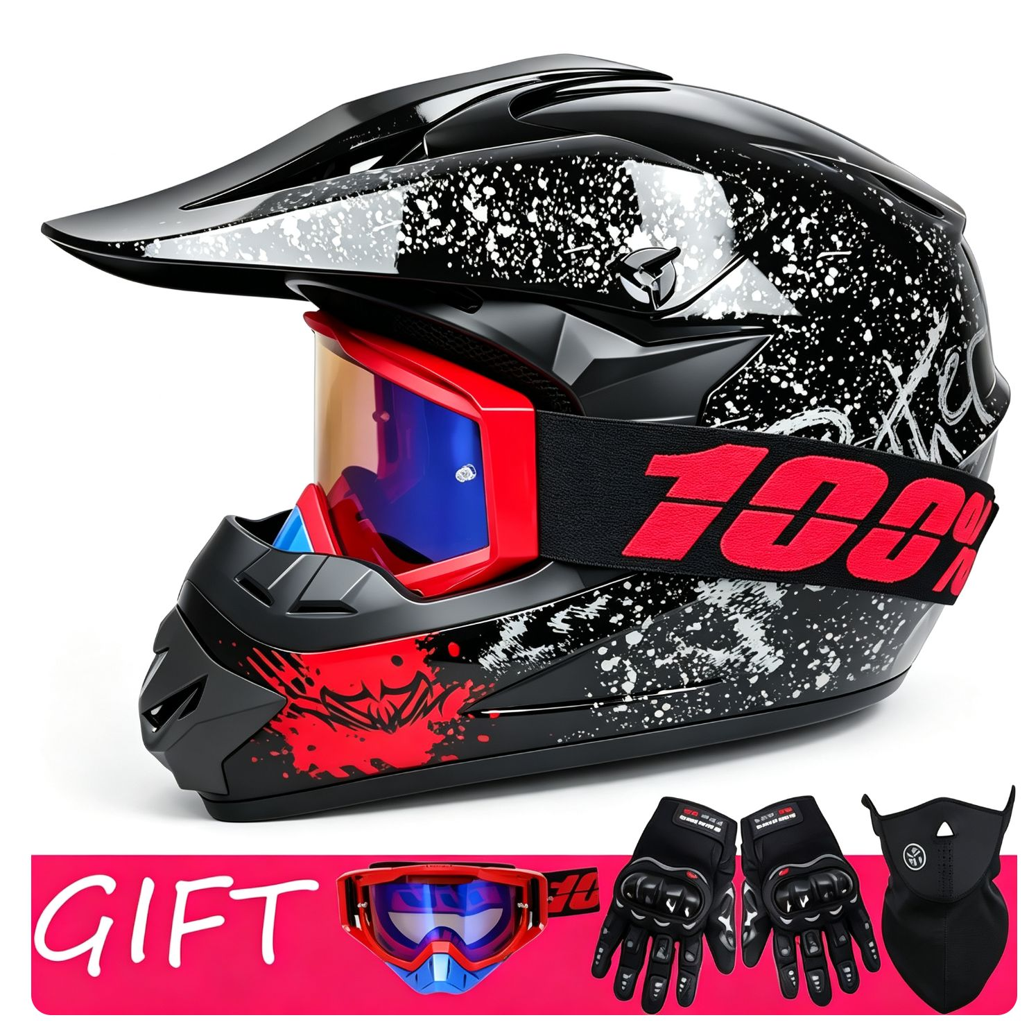 Un casco de motocross negro con gráficos blancos, gafas rojas, guantes y una mascarilla incluidos como regalo.